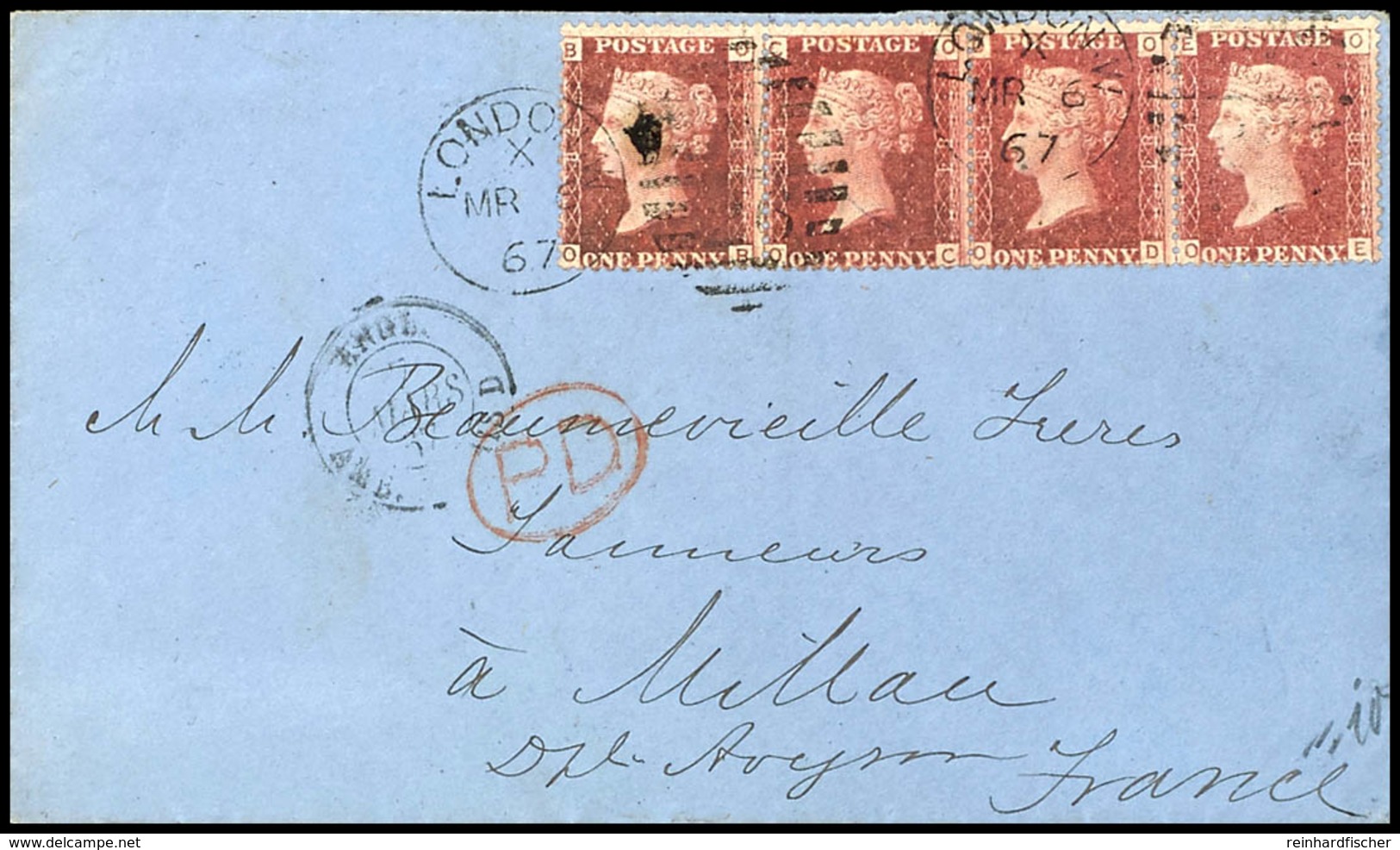 1867, 1 P. Victoria, Waagerechter Viererstreifen Als Mehrfachfrankatur Auf Auslandsbrief Von London Nach Millau / Frankr - Other & Unclassified