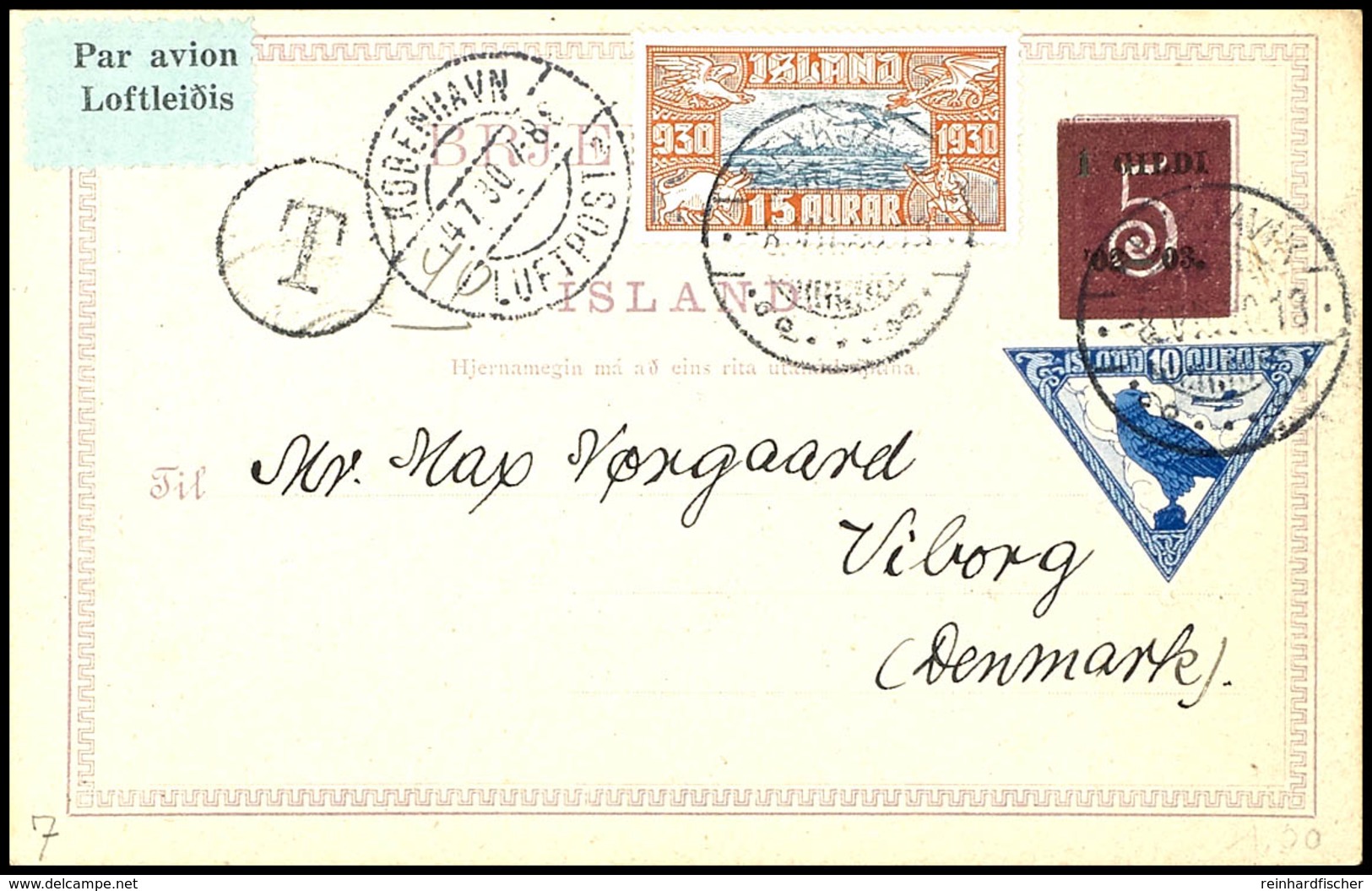 15 A. Und 10 A. Flugpost Auf 5 Auf 8 A. Ganzsachenkarte (P 26) Als Luftpostkarte Aus REYKJAVIK 8.VII.30 Ohne Text Via Ko - Other & Unclassified