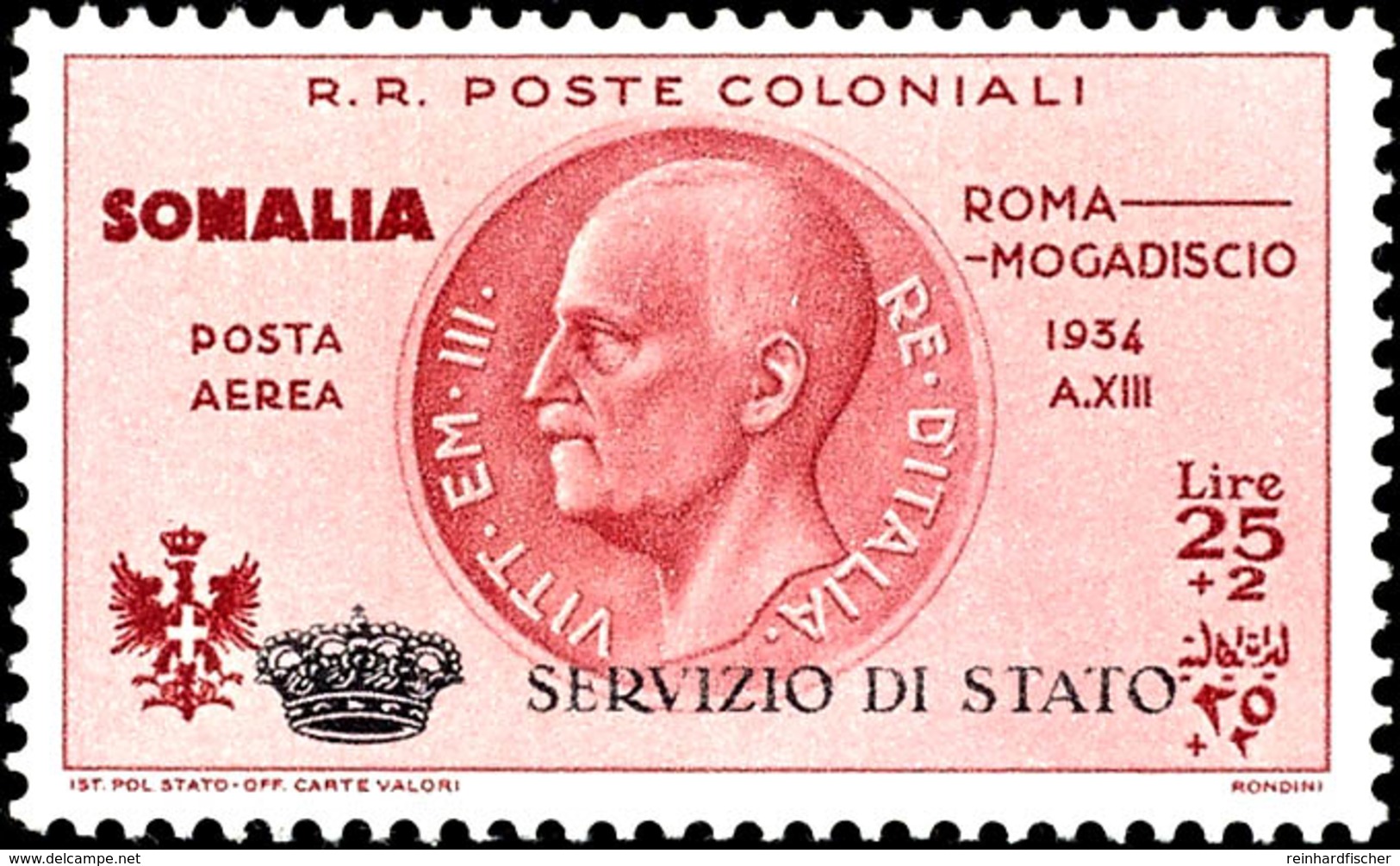 Dienstmarken: 1934. 25 L. + 2 L. Postflug Rom - Mogadischu, Tadellos Postfrisch, Auflage Nur 750 Marken, Signiert Ebel U - Somalia