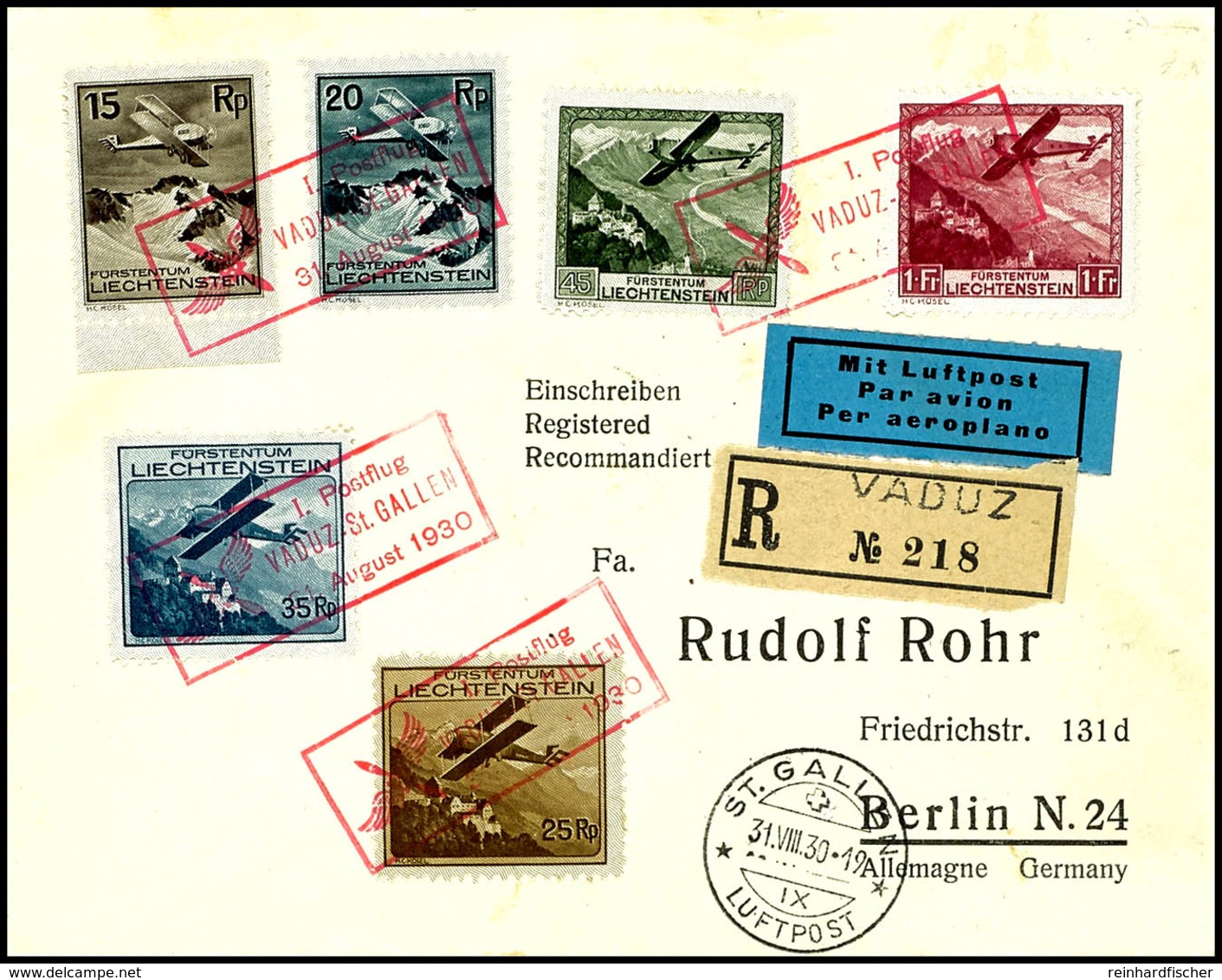 15 Rp. - 1 Fr. Flugpost Kpl. Je Mit Rotem Ra2 "I. Postflug VADUZ-ST.GALLEN 31.August 1930" Auf R-Luftpostbrief Mit Allen - Sonstige & Ohne Zuordnung