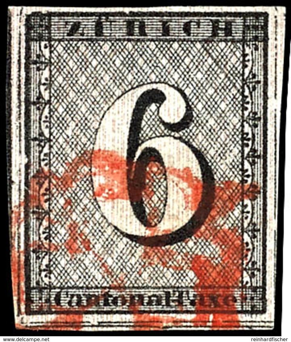 6 Rp Schwarz/dunkelbräunlichrot Mit Gut Sichtbaren Senkrechten Unterdrucklinien, Allseits Voll Bis Breitrandig, Mit Gute - 1843-1852 Poste Federali E Cantonali