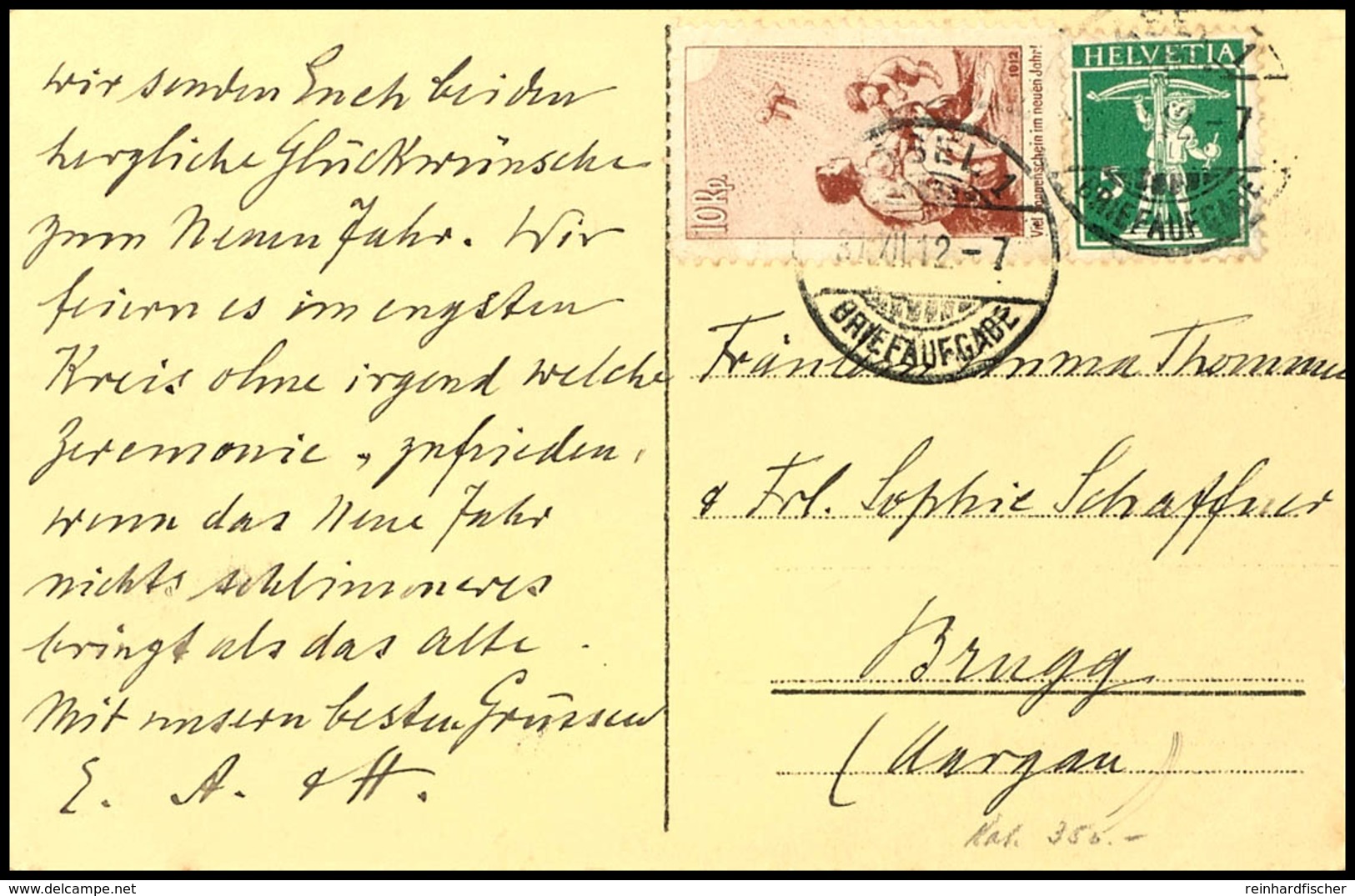 1912, 10 Rp.Pro Juventute-Vorläufer Zusammen Mit 5 C. Tell Auf Ansichtskarte Von BASEL 30.XII.12 Nach Brugg, Tadellos, M - Other & Unclassified