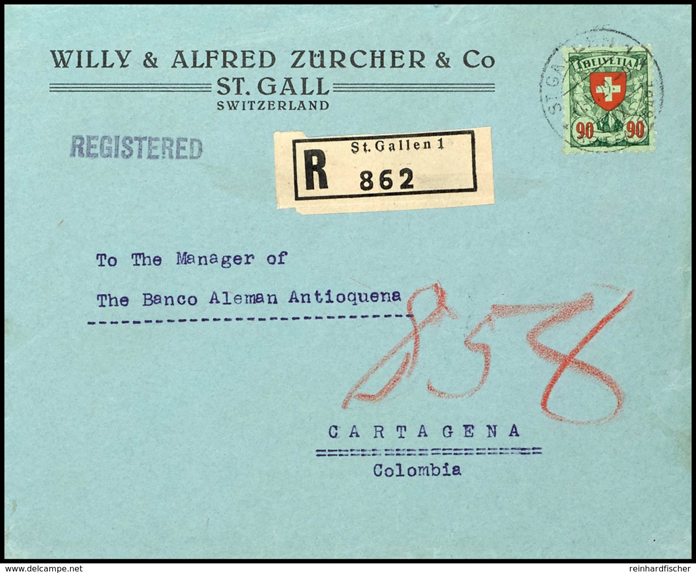 1924, 90 Pfg Freimarke Auf R-Brief Von "ST. GALLEN 1.V.29" Nach Cartagena / Kolumbien Mit Ankunftsstempel, Tadellos, Sel - Other & Unclassified