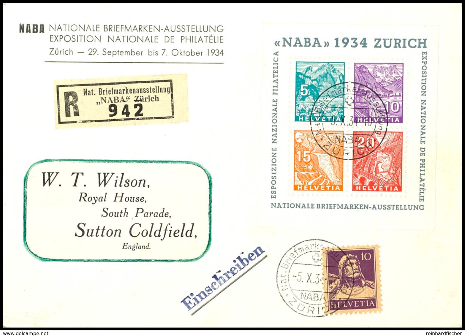 Blockausgabe "Naba 1934 Zürich" Auf Ausstellungs-R-Brief Mit Zusatzfrankatur Nach Coldfield/England, Rücks. Ankunftspl., - Other & Unclassified