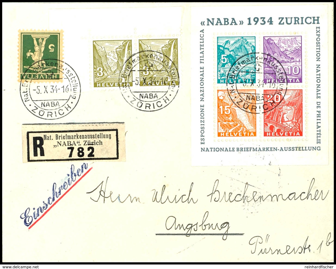 Blockausgabe "Naba 1934 Zürich" Auf Ausstellungs-R-Brief Mit Zusatzfrankatur Nach Augsburg, Rücks. Ankunftspl., Mi. 850. - Other & Unclassified