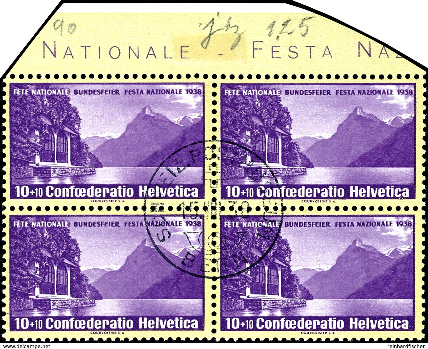 1938, 10 C. Pro Patria, Geriffelter Gummi, 4-er-Block  Vom Oberrand Mit Zentrischem Stempel "SCHWEIZ.POSTMUSEUM/BERN 15. - Other & Unclassified