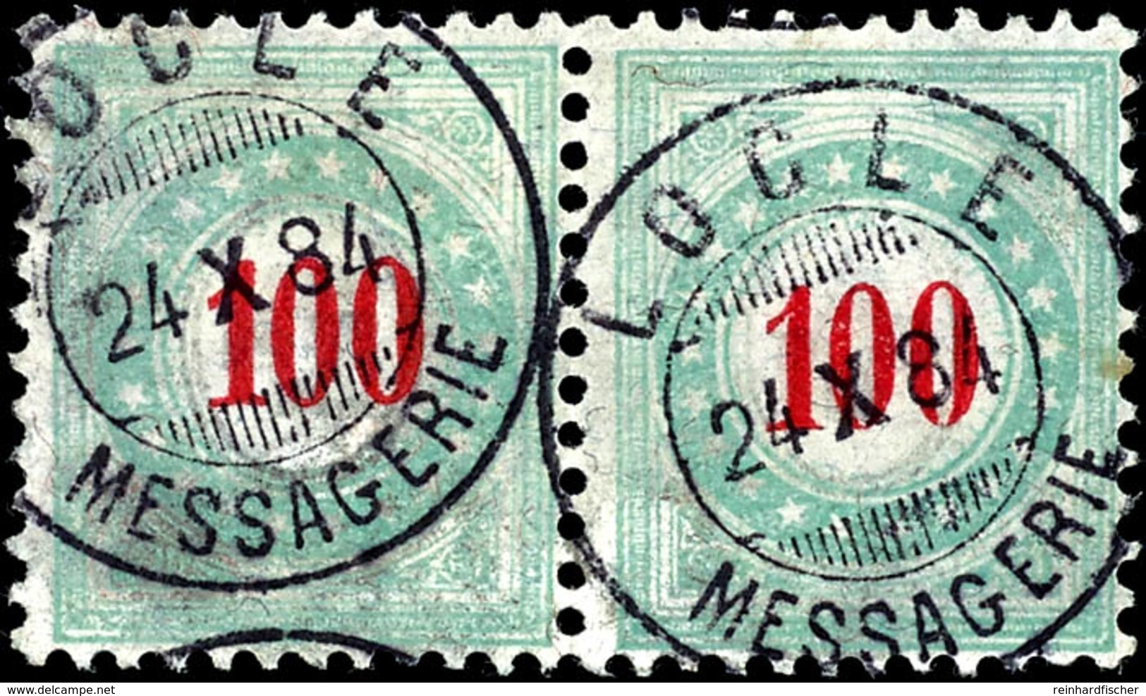 1883, 100 C. Dunkelrosarot/lebhaftopalgrün, Rahmentype II, Rahmen Kopfstehend, Waager. Paar, Gestempelt "LOCLE/MESSAGERI - Segnatasse