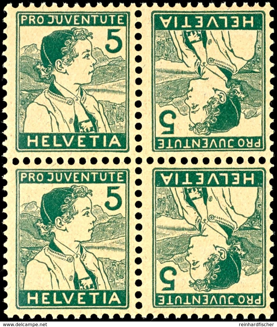 1915, 5 C. Pro Juventute + 5C. Pro Juventute, 2 Postfrische Kehrdrucke Als 4-er Blocks, Mi. 300.-, Katalog: K9 ** - Se-Tenant