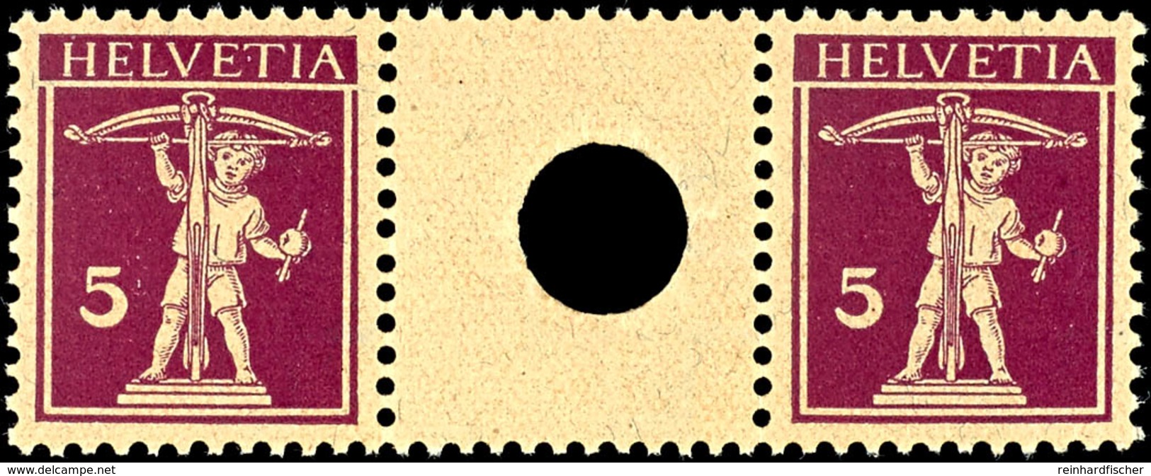 1927, 5 C. Tellknabe + Z Mit Kleinem Loch + 5C. Tellknabe, Waagerechter Zusammendruck, Postfrisch, Mi. 600.-, Katalog: W - Se-Tenant