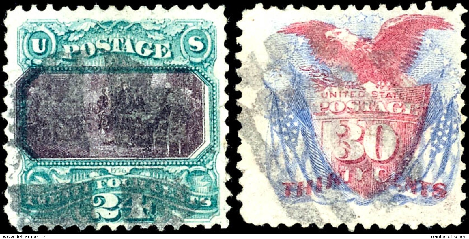 24 C. Grün/violett Und 30 C. Blau/karmin, Zwei Gestempelte Werte Mit Leichten Mängeln, Mi. 1.200.-, Katalog: 33/34 O - Sonstige & Ohne Zuordnung