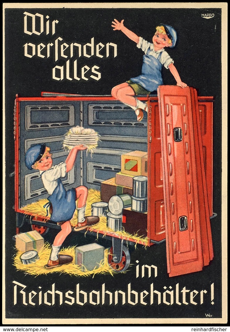 Eisenbahn: Motivkarte "Die Versenden Alles Im  Reichsbahnbehälter", Zwei Pimpfe Beim Einladen Des Behälters Mit Konserve - Sonstige & Ohne Zuordnung