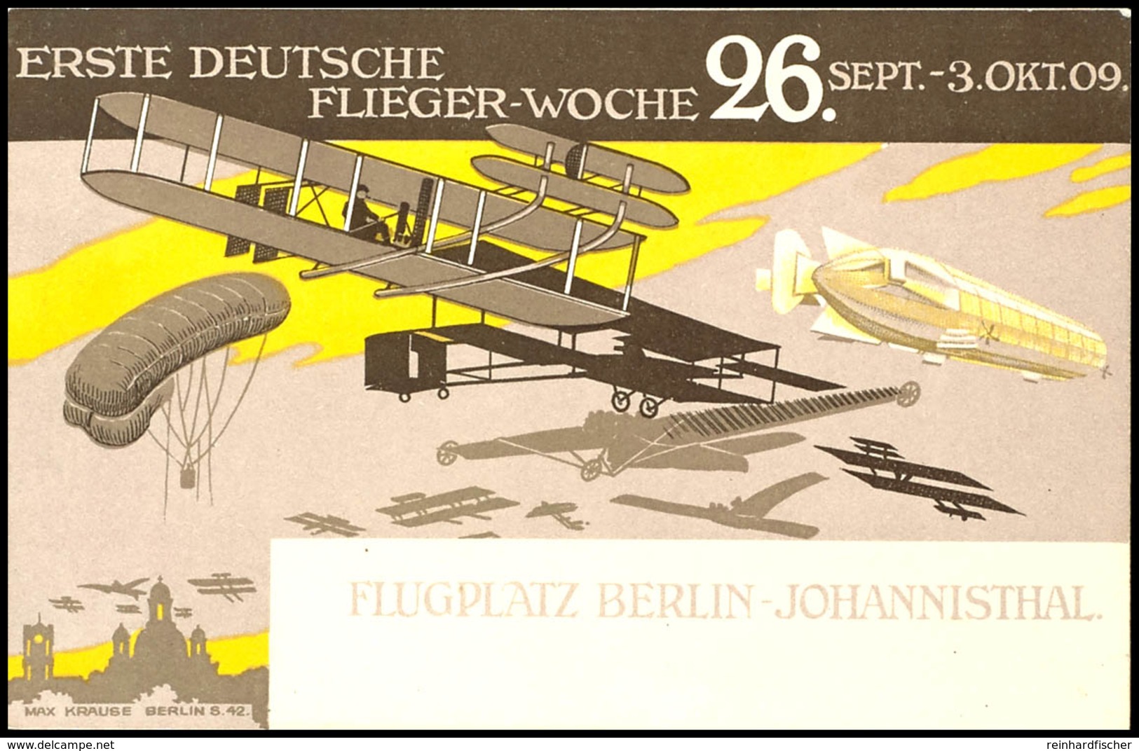 Verkehr: Flugzeuge, 1909, Farbige Werbekarte Zur "ERSTEN DEUTSCHEN FLIEGER-WOCHE" Flugplatz Berlin-Johannisthal 26. Sep  - Altri & Non Classificati