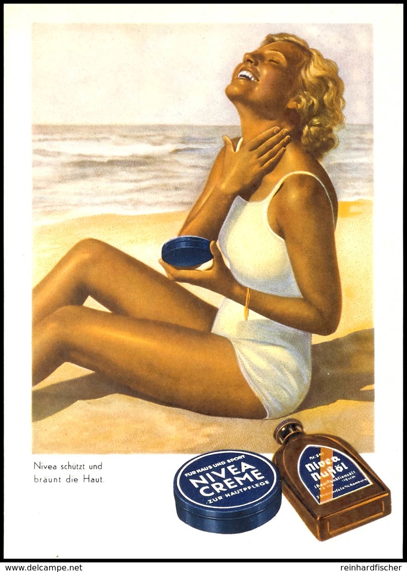 Werbung: Nivea, Color-Werbekarte Mit "gebräunte Frau Am Strand Cremt Sich Mit Nivea-Creme Ein", Werbeslogan: "Nivea Schü - Other & Unclassified