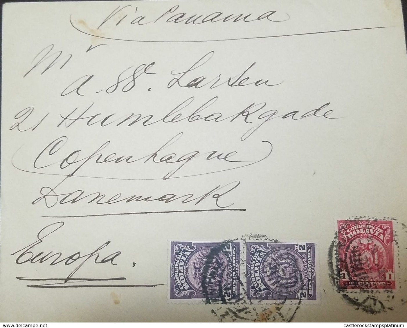 O) 1901  BOLIVIA, COVER VIA PANAMA, COAT OF ARMS  2c LILAC- COAT OF ARMS 1c CARMINE, TYPE A54, TO EUROPA, XF - Bolivie