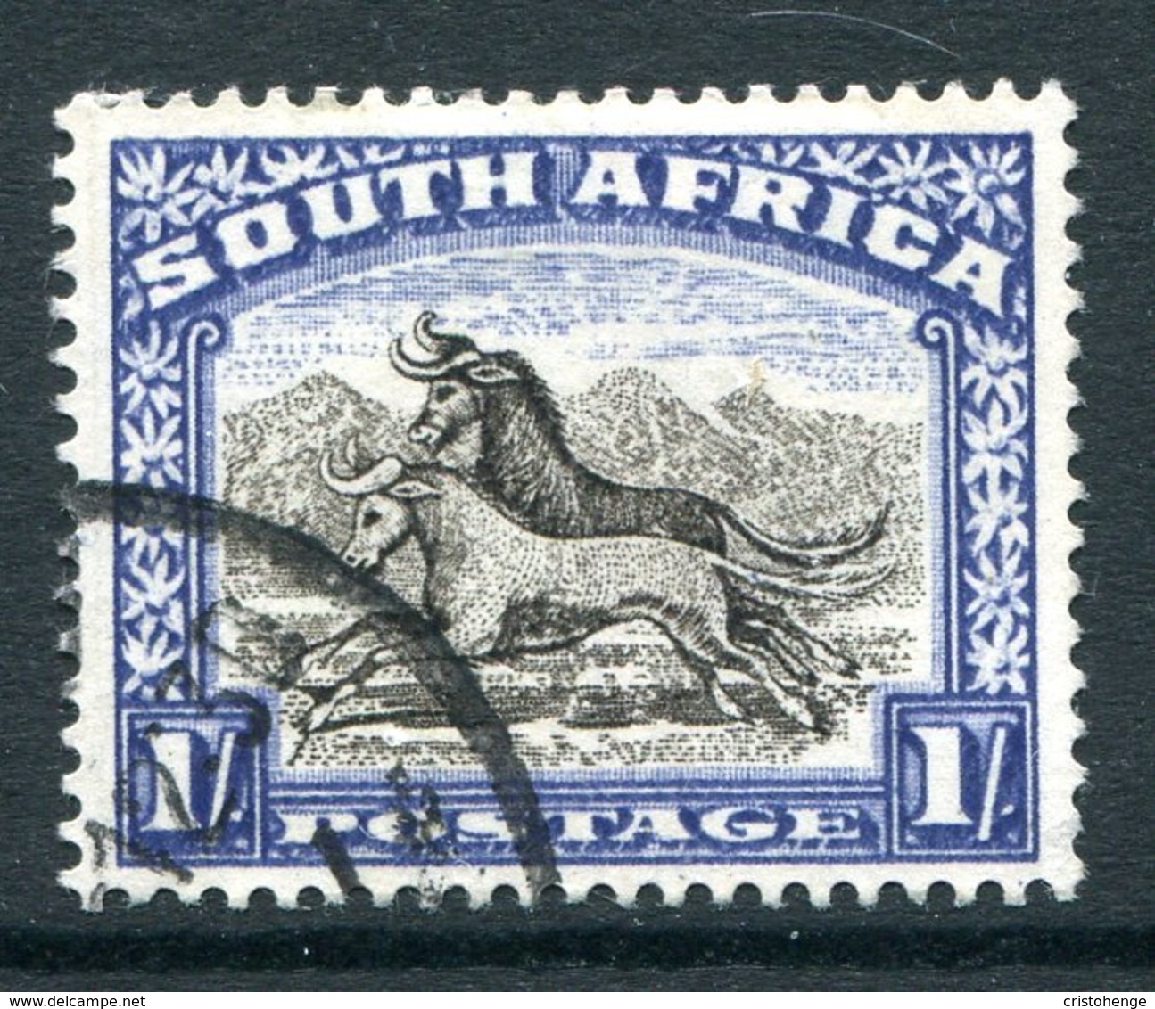 South Africa 1947-54 Screened Printing - 1/- Wildebeest - Blackish-brown & Ultramarine - Used (SG 120a) - Used Stamps