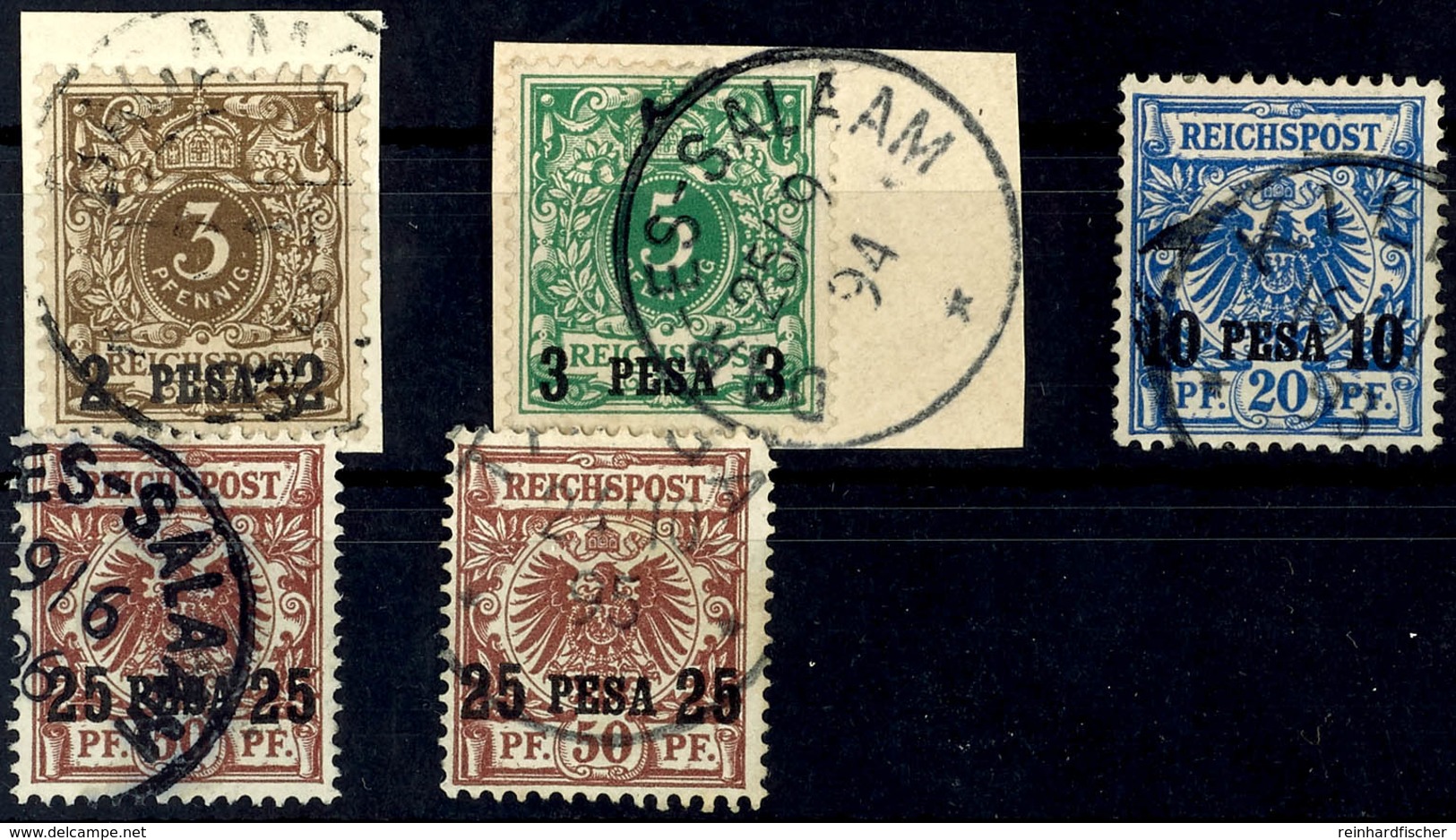 2 Und 3 Pesa Je Auf Briefstück, Sowie 10 Pesa Und Beide Typen Der 25 Pesa Je Tadellos Gestempelt, Mi. 223.-, Katalog: 1+ - German East Africa