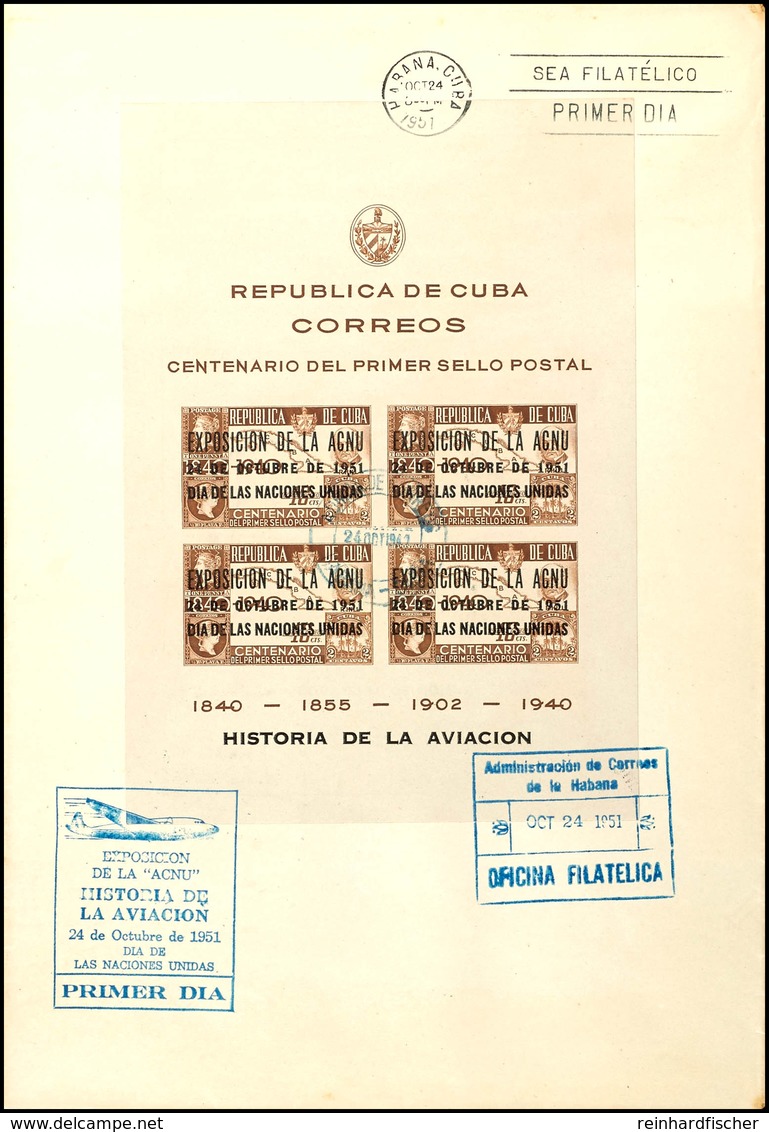 UNO-Aufdruckblock Auf Dekorativem Blanko-Kuvert HABANA 24.OCT.1951, Gesamtauflage Nur 3.500 Blocks!  BF - Cuba