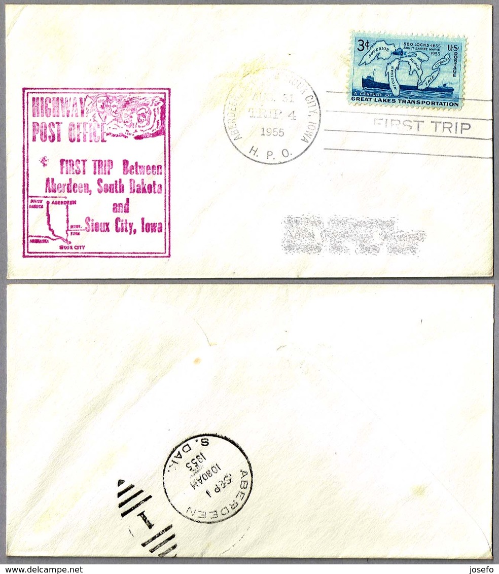 FIRST TRIP Highway Post Office: ABERDEEN SD & SIOUX CITY IA, 31 Agosto 1955 - Correo Postal