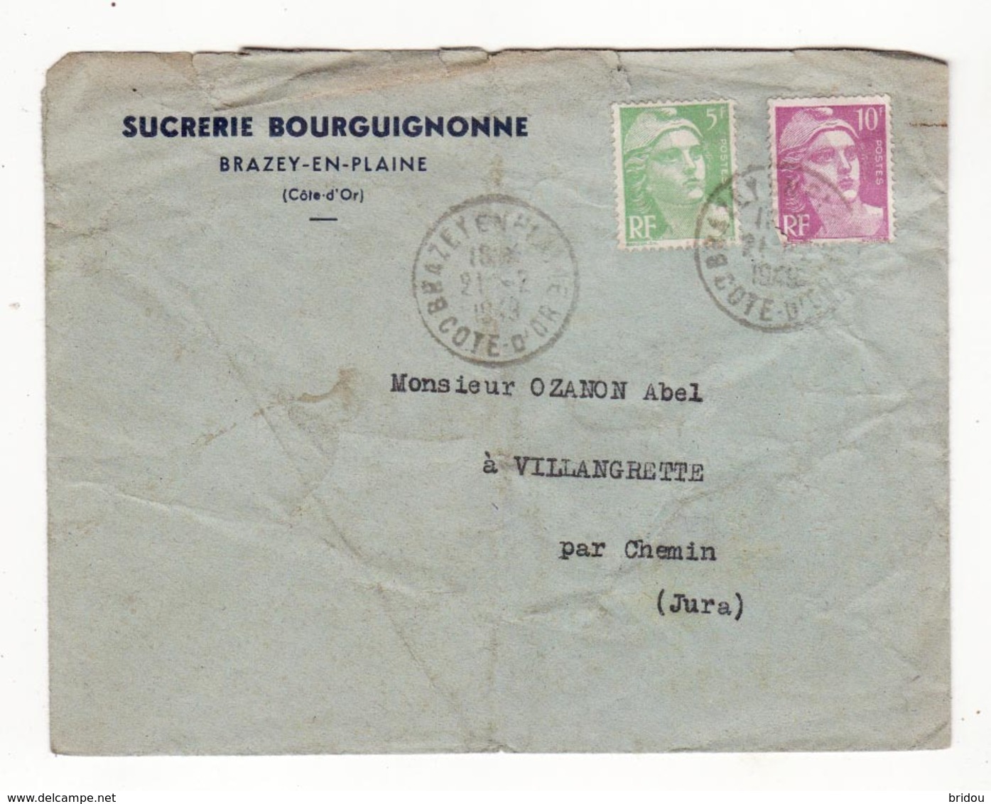 Lettre Envoyée En 1949     Pub  Sucrerie Bourguignonne  à BRAZEY EN PLAINE - 1921-1960: Période Moderne