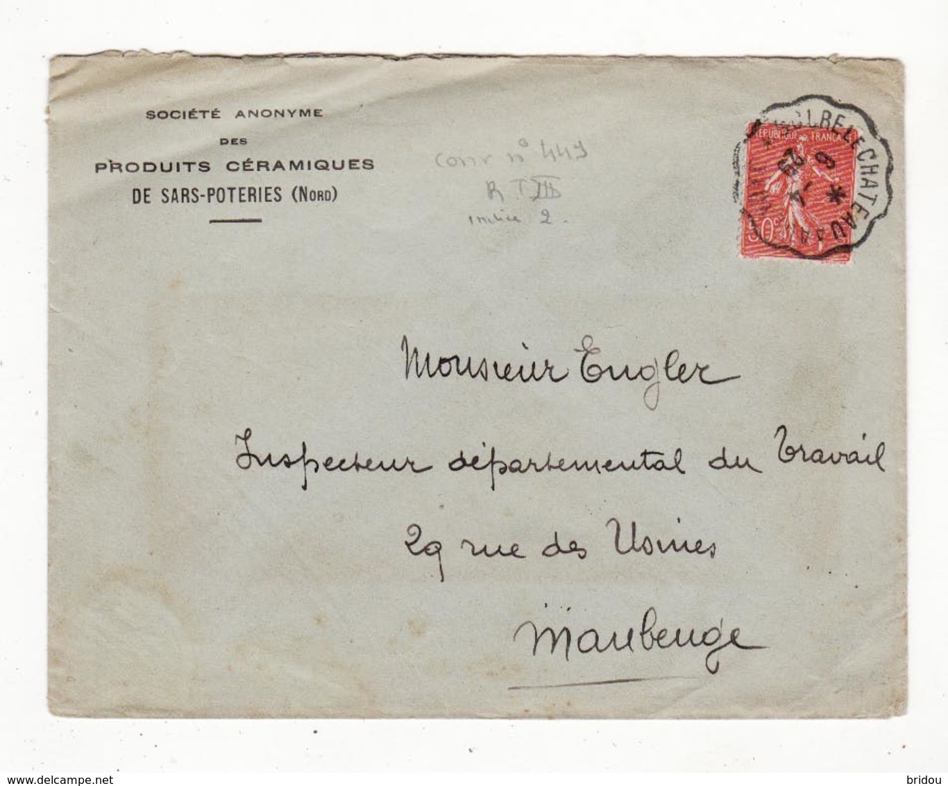 Lettre Envoyée En 1929      Pub  Produits Céramiques De SARS POTERIES   Cachet Convoyeur  SOLRE LE CHATEAU - 1921-1960: Période Moderne