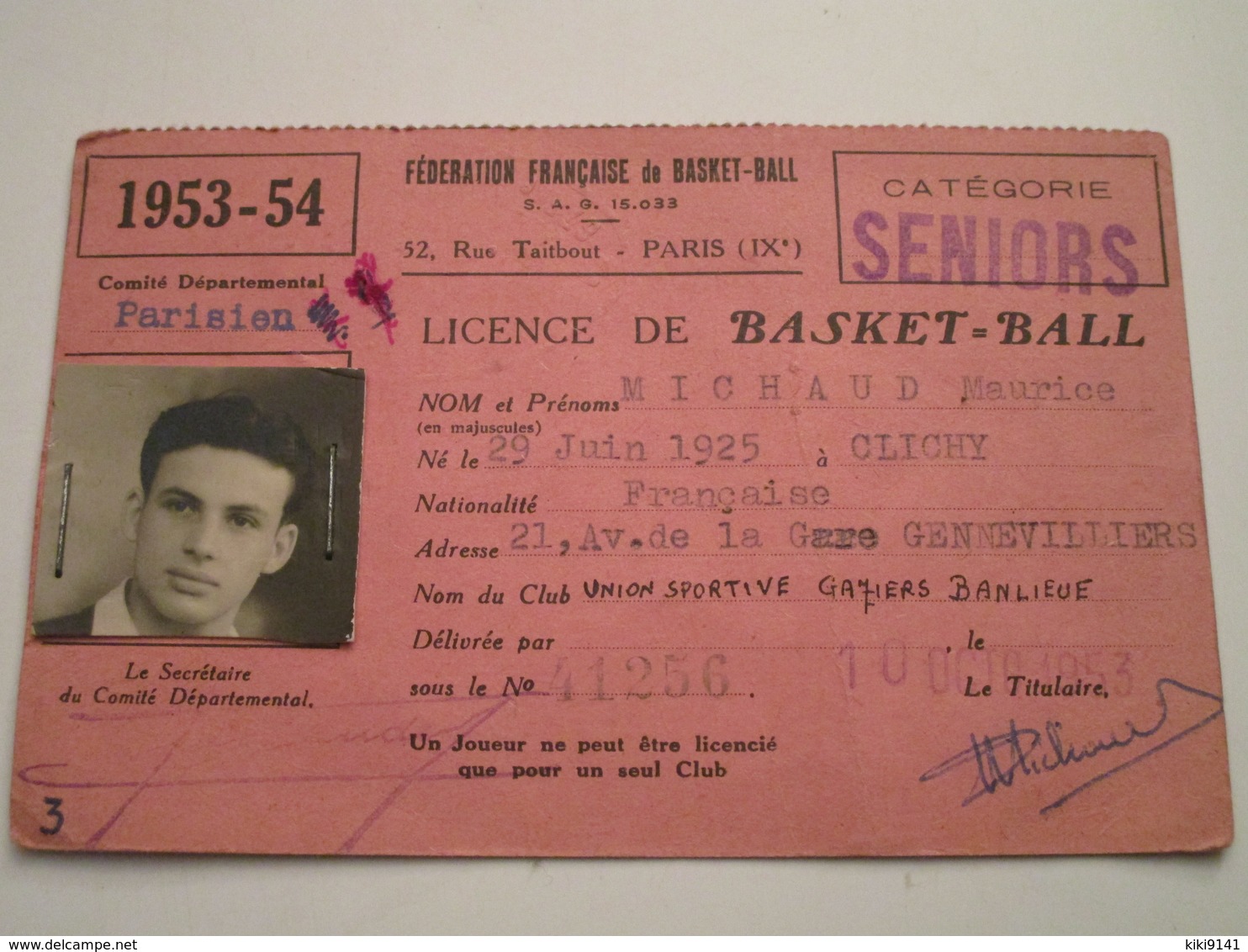 LICENCE DE BASKET-BALL Catégorie SENIORS Année 1953-54 - Autres & Non Classés