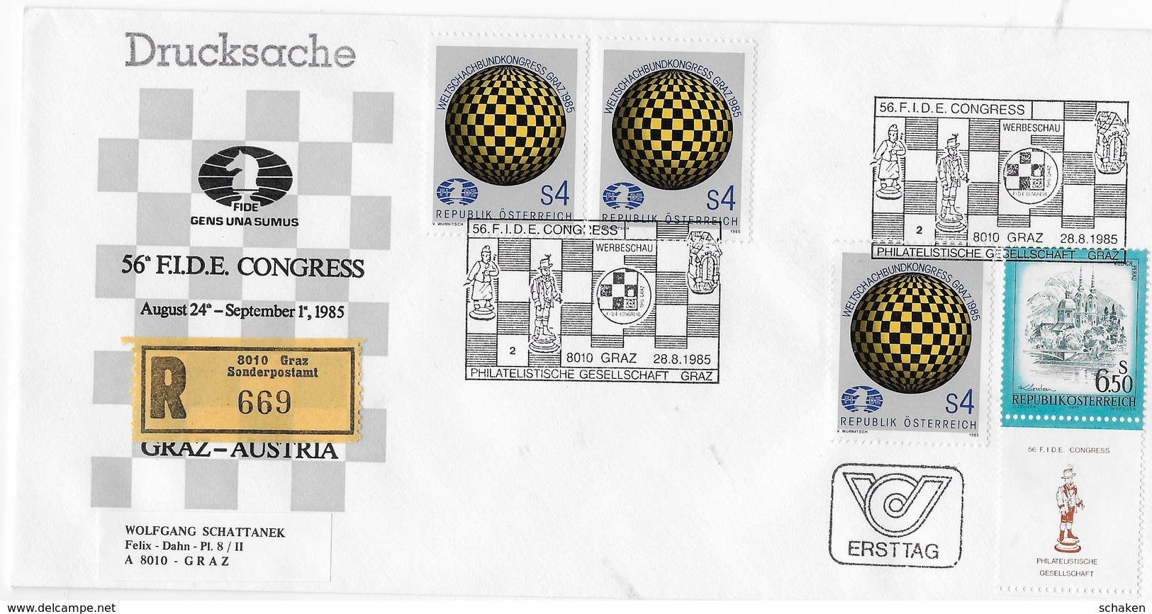 Austria 1985; Chess Ajedrez; Special R-cover With Allonge!; Cancel 2 ; Rare Combi - Andere & Zonder Classificatie