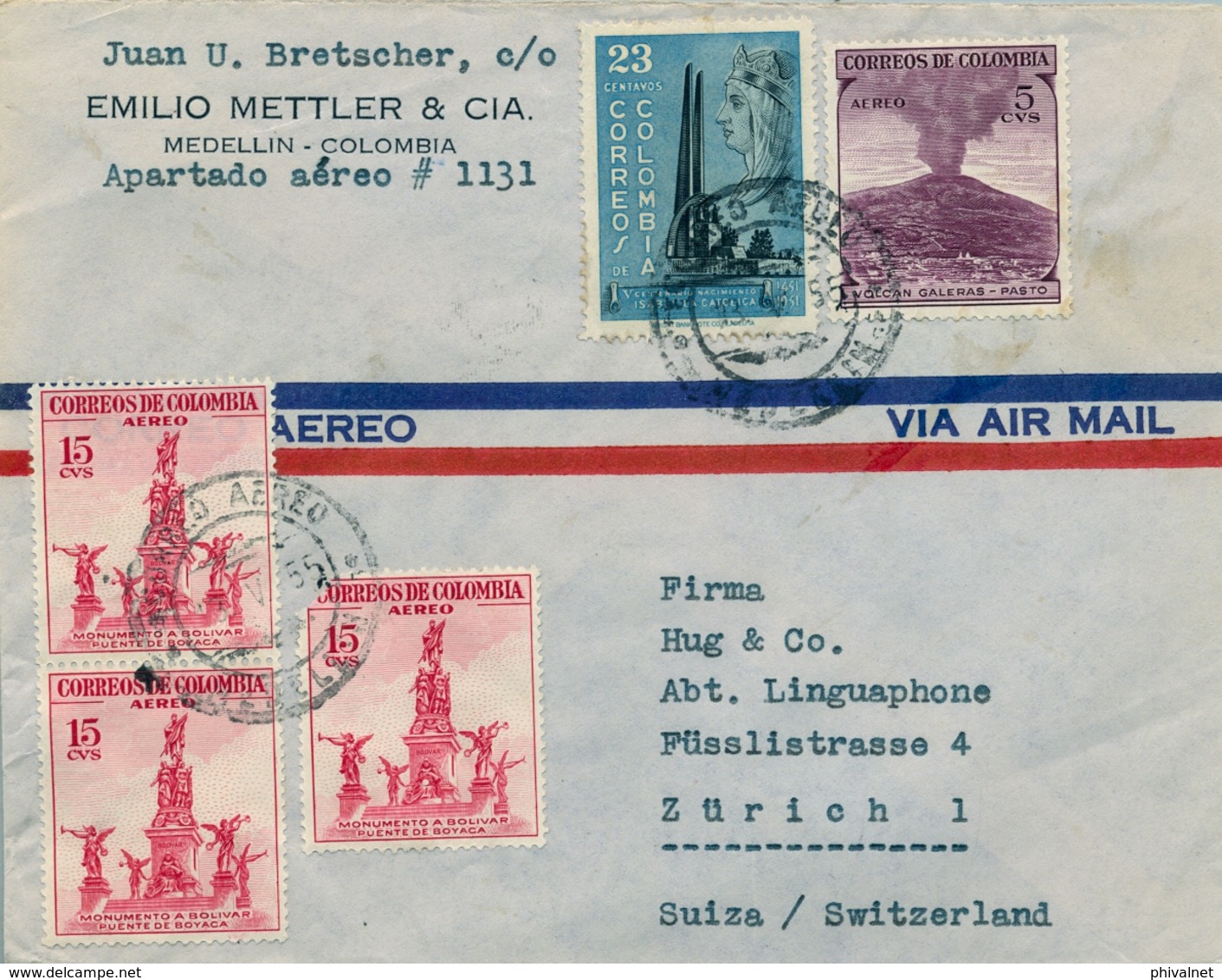 1955 , COLOMBIA , SOBRE CIRCULADO ENTRE MEDELLÍN Y ZÜRICH , CORREO AÉREO - Colombia