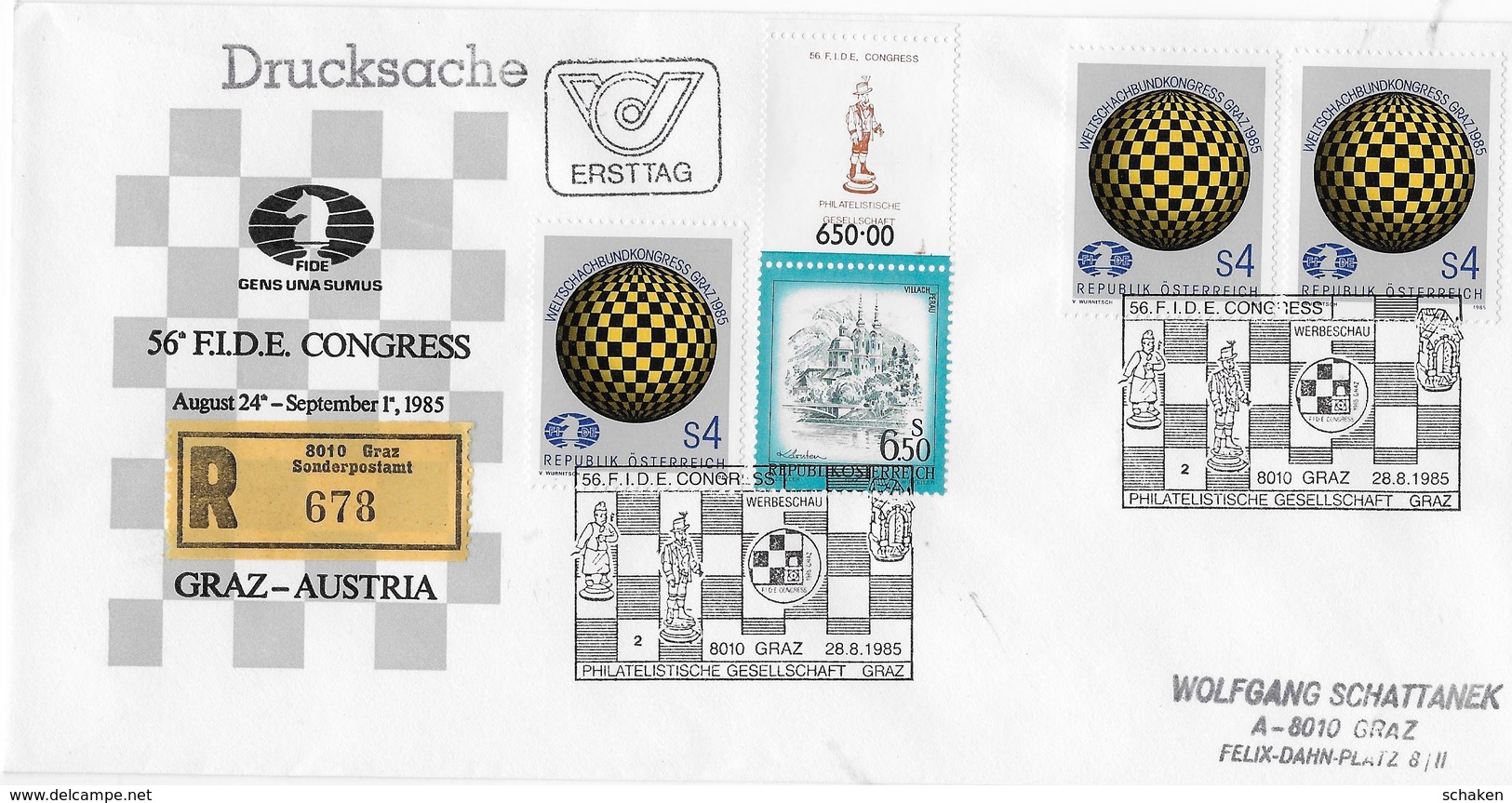 Austria 1985; Chess Ajedrez; Special R-cover With Allonge!; Cancel 2 ; Rare Combi - Andere & Zonder Classificatie