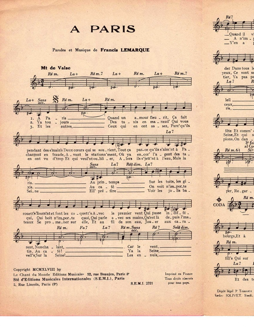 40 60 YVES MONTAND PARTITION À PARIS FRANCIS LEMARQUE PRIX SCOTTO 1947 PLACE DE LA RÉPUBLIQUE ERNY - Autres & Non Classés