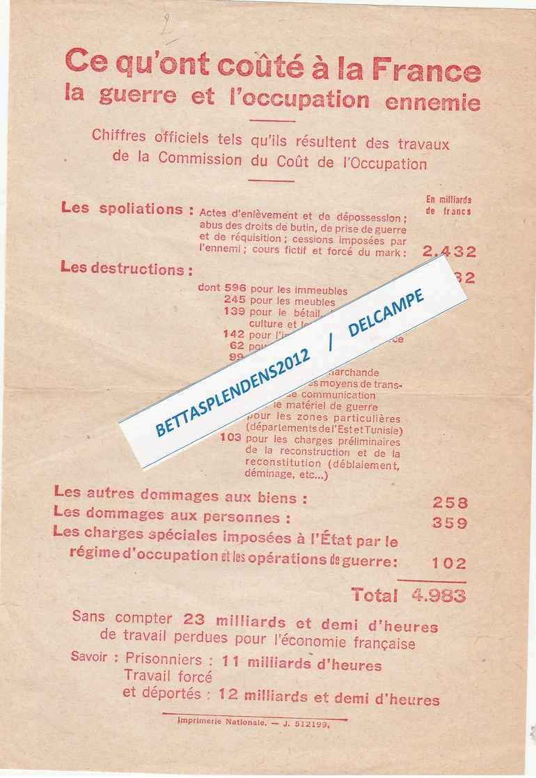 TRACT - Ce Qu'ont Coûté à La France La Guerre Et L'occupation Ennemie .... - Documenti Storici