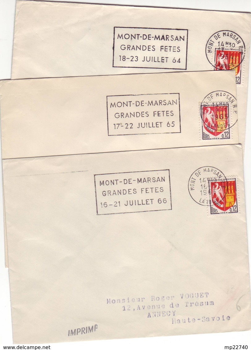 LANDES MONT DE MARSAN 3 FLAMMES GRANDES FETES 1964 1965 1966 - Maschinenstempel (Werbestempel)