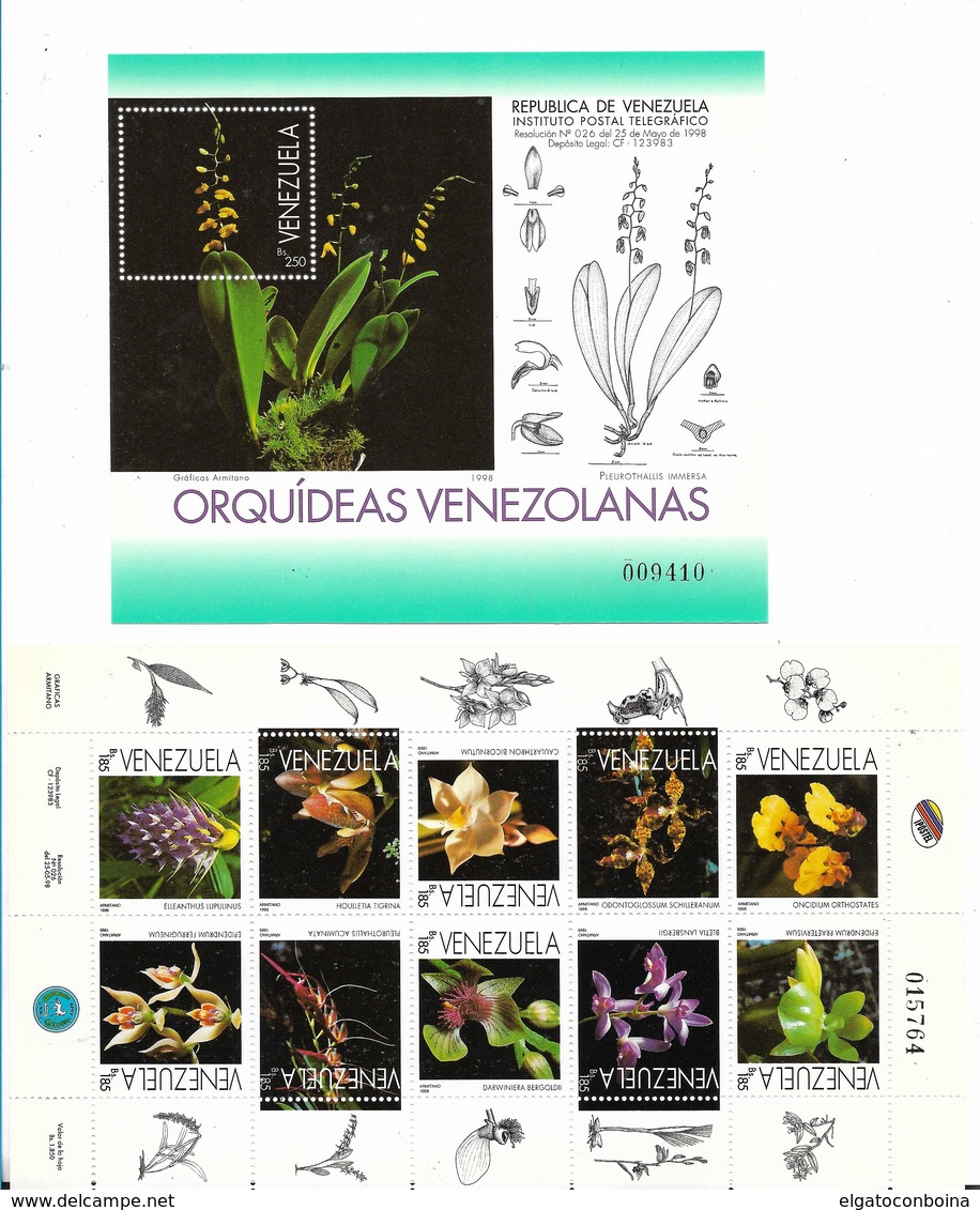 VENEZUELA 1998 ORCHIDS FLOWERS SHEETLET OF 10 VALUES PLUS SOUVENIR SHEET MNH SCOTT 1587/8 MS - Venezuela