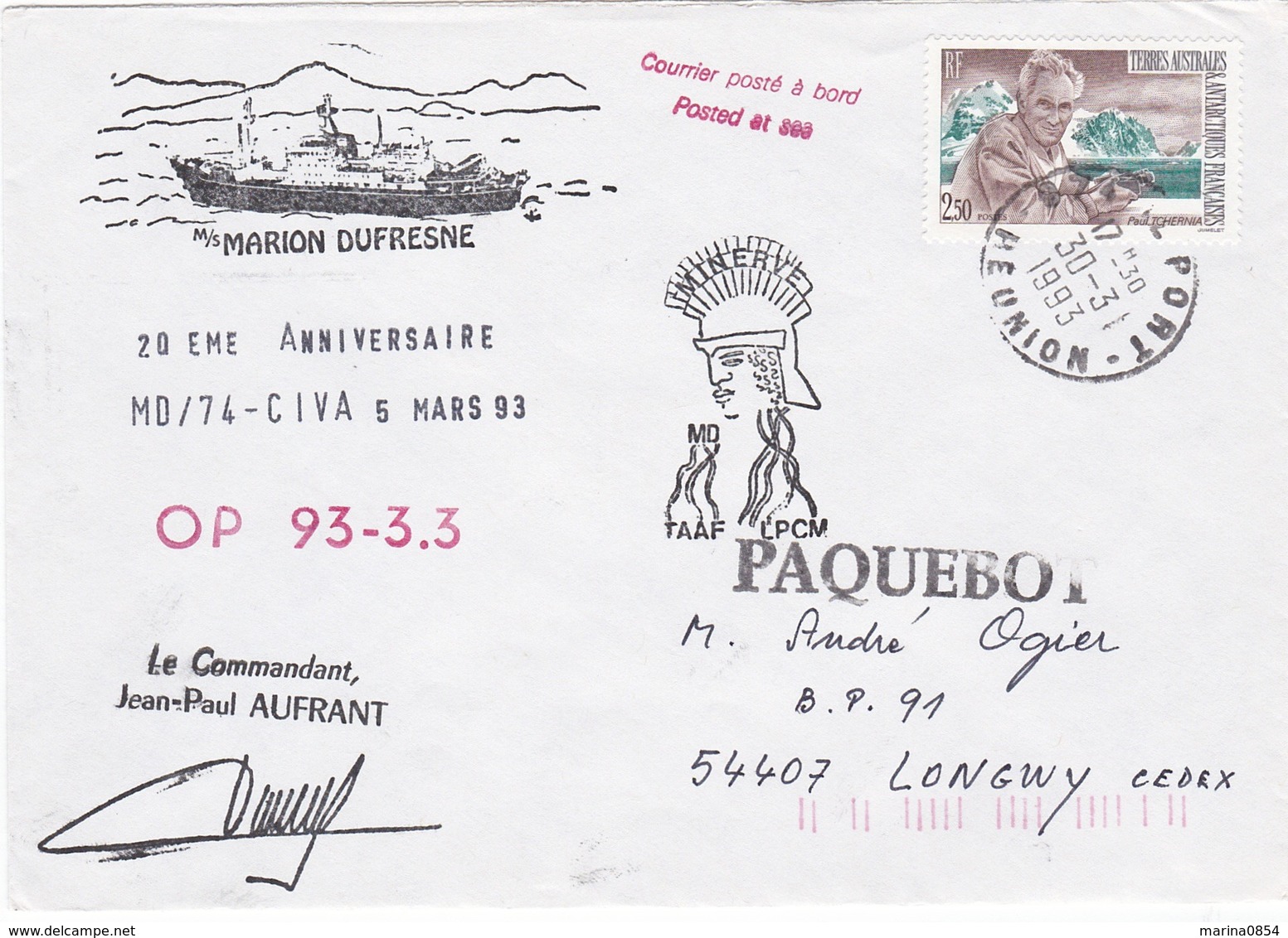 TAAF208 - Marion Dufresne - OP 93 -3.3 - Le Port (Réunion) 30 Mars 1993 - Briefe U. Dokumente