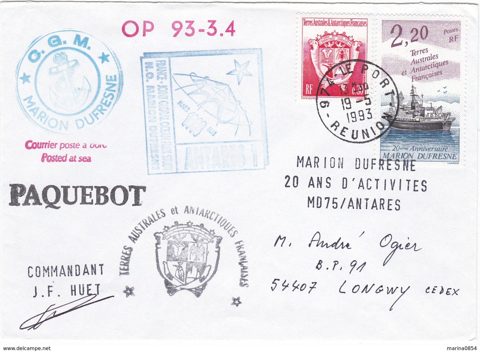 TAAF209 - Marion Dufresne - OP 93 -3.4 - Le Port (Réunion) 19 Mai 1993 - Briefe U. Dokumente