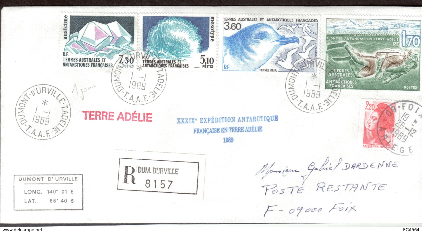 E40 - TAAF - PO144-145-142-146 Du 1.1.1989 Recommandé TERRE ADELIE 1er Jour Sur Ces Timbres.XXXIX E EXPEDITION - Lettres & Documents