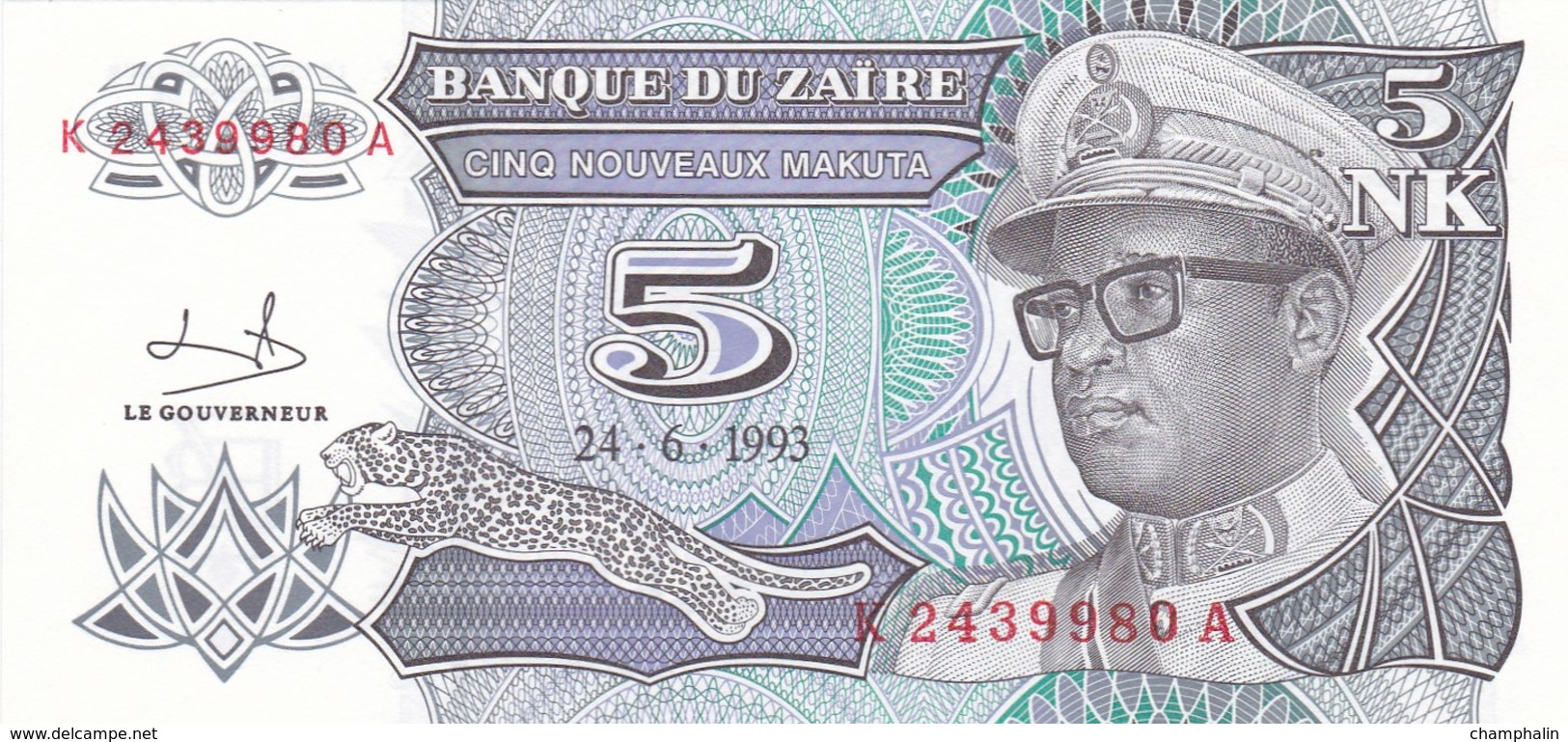 Zaïre - Billet De 5 Nouveaux Makutas - 24 Juin 1993 - Mobutu - Neuf - Zaïre