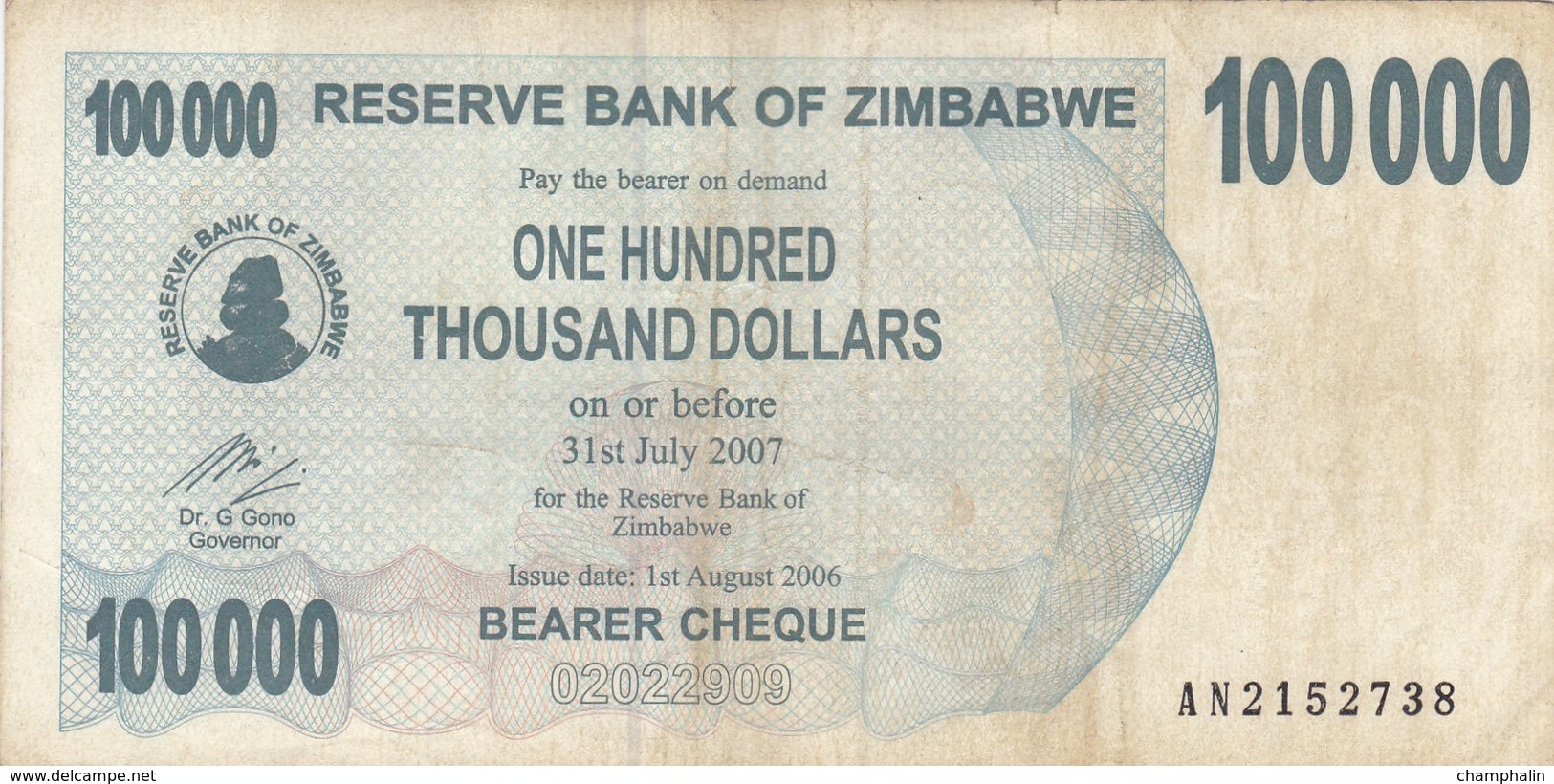 Zimbabwe - Billet De 100000 Dollars - 1er Août  2006 - Zimbabwe