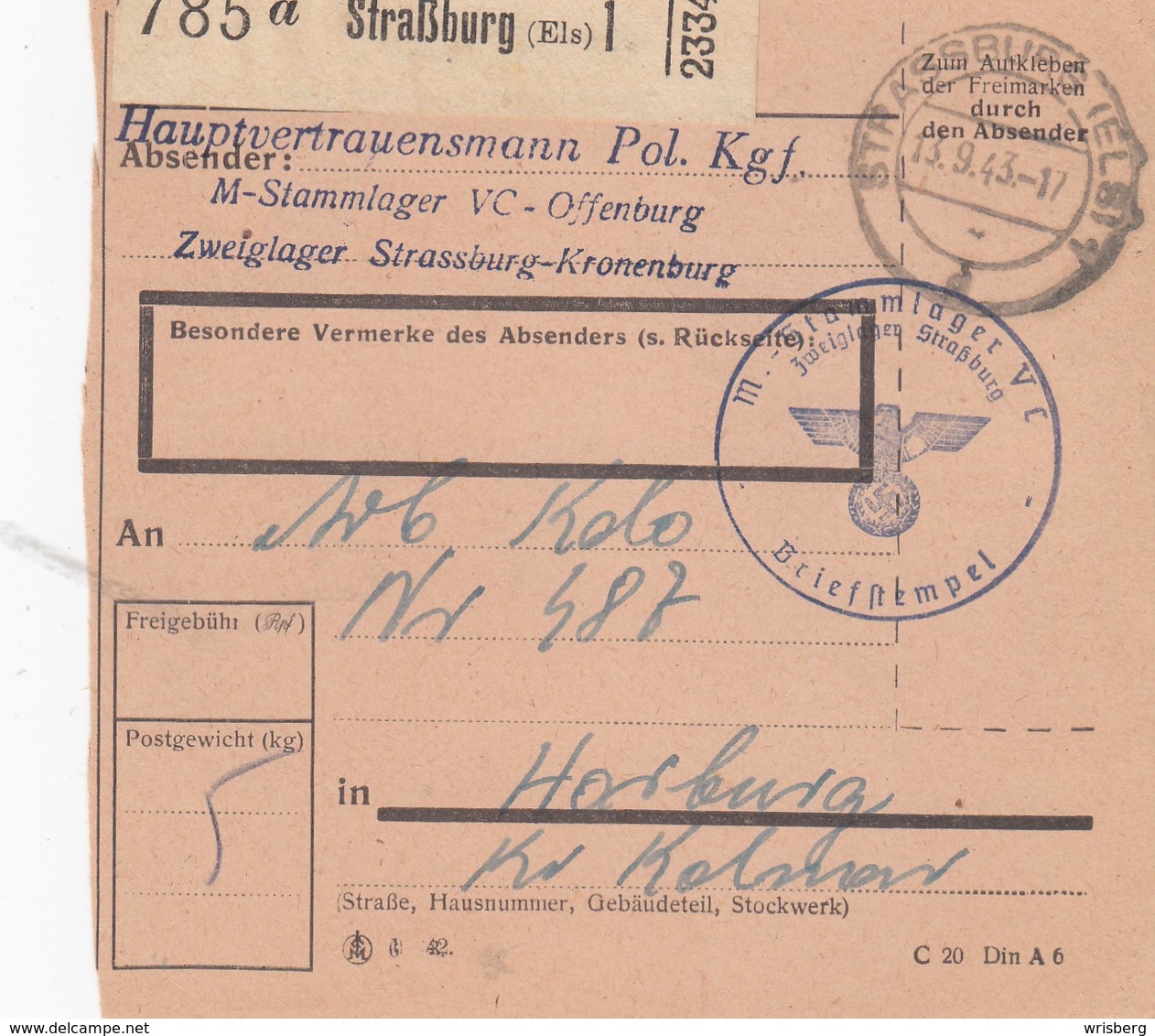 Paketkarte Du Stammlager V C, Zweiglager Straßburg Obl STRASSBURG (ELS) 1 Du 19.3.43 Adressée à Horburg - WW II