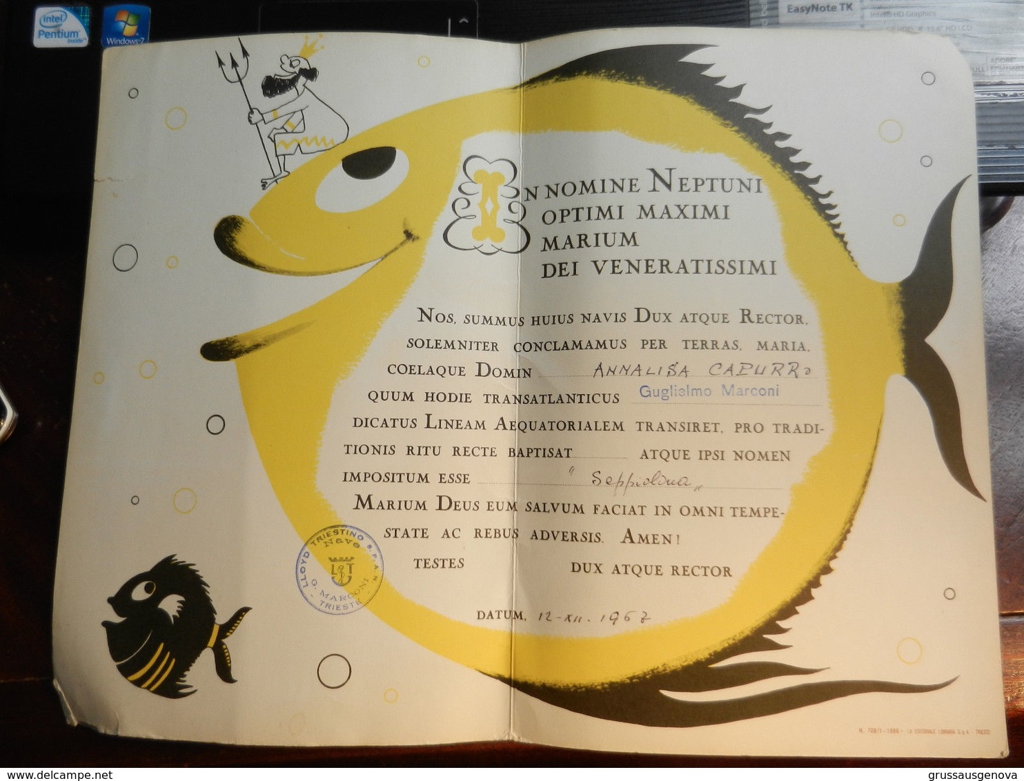 DOC1) NOMINA ATTESTATO DIPLOMA LLOYD TRIESTINO NAVE GUGLIELMO MARCONI 1967 FORMATO 30,5 X 24 Cm APERTO - LIEVI SEGNI - Altri & Non Classificati