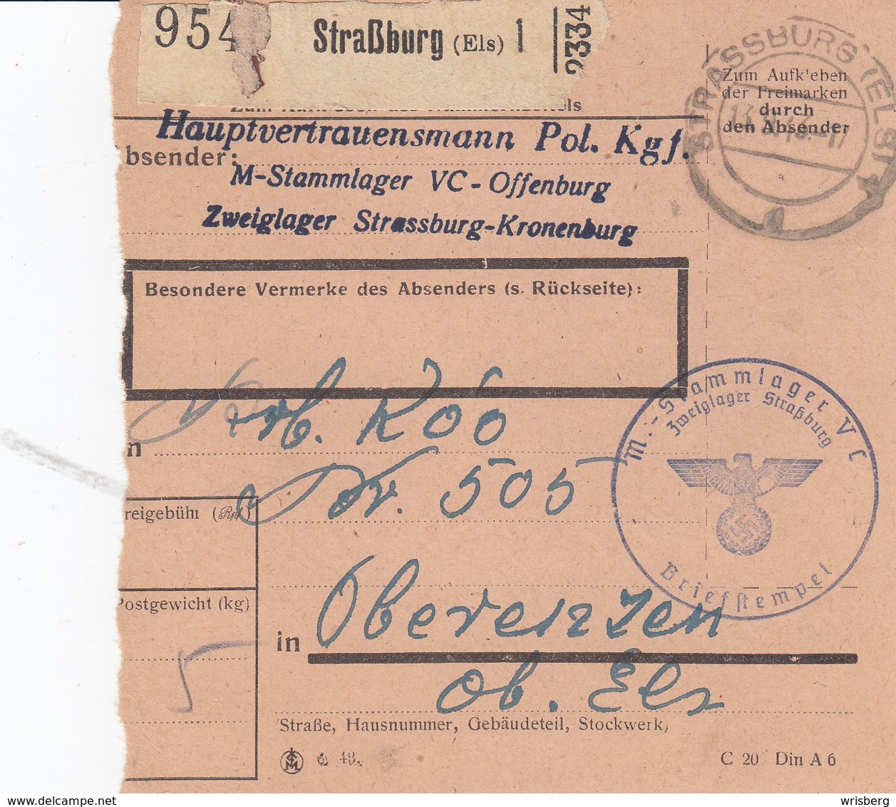 Paketkarte Du Stammlager V C, Zweiglager Straßburg Obl STRASSBURG (ELS) 1 Du 13.9.43 Adressée à Oberenzen - Guerre De 1939-45