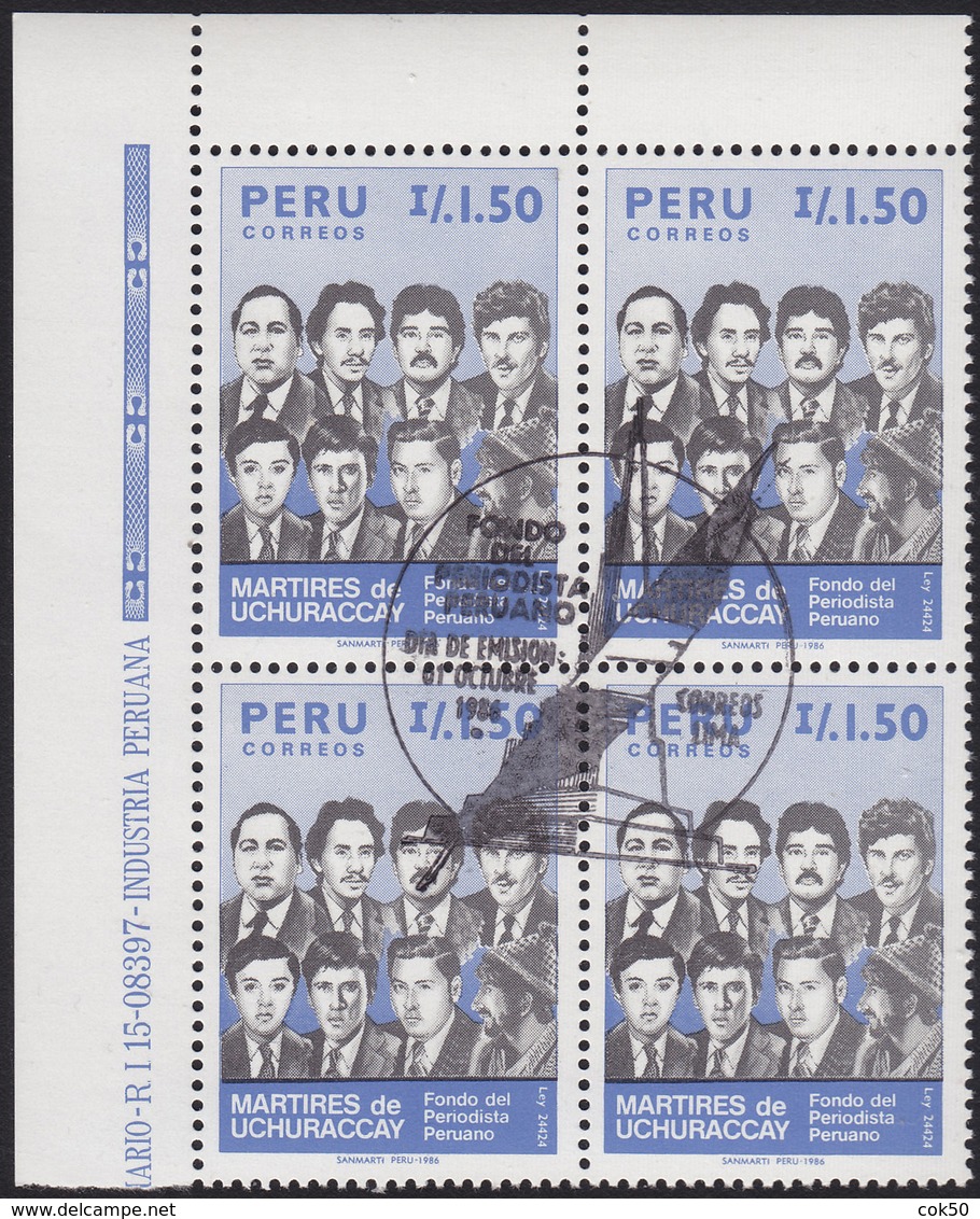 PERU 1986 «Peruanic Journalists Help-fund» - Block Of 4 With Central Official FD Postmark - Mi# 1338 - Peru