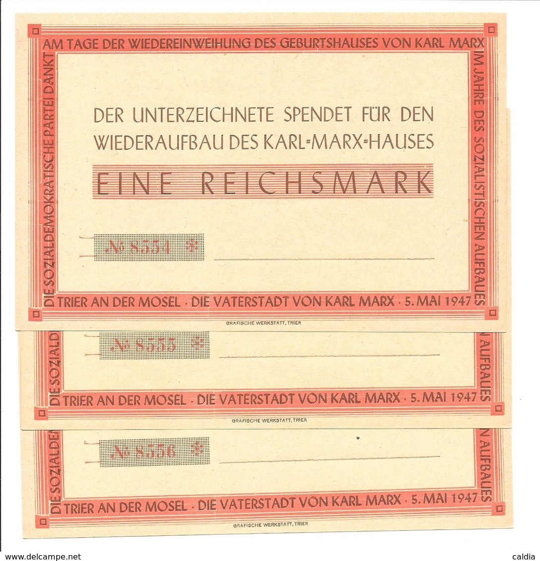 Allemagne Germany Deutschland 1947 Ticket " Karl Marx Hauses " 1 ReichsMark - 3 Consecutives UNC - A Identifier