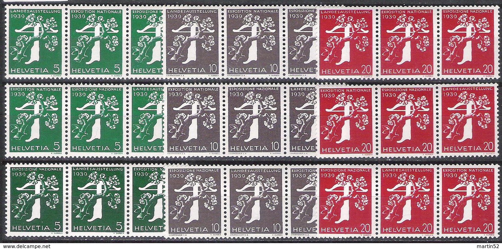 Schweiz 1939: Alle 3er-Streifen Landi-Rollenmarken Zu Z25a-Z27c Mi W8-W24 */** Teils Falz MNH+MLH  (Zu CHF 168.00 -50%) - Se-Tenant