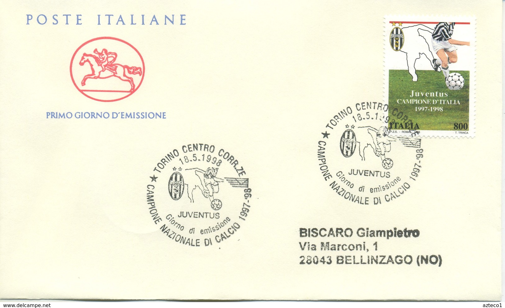 ITALIA - FDC  CAVALLINO 1998 - LO SCUDETTO ALLA JUVENTUS  -  ANNULLO SPECIALE TORINO - FDC