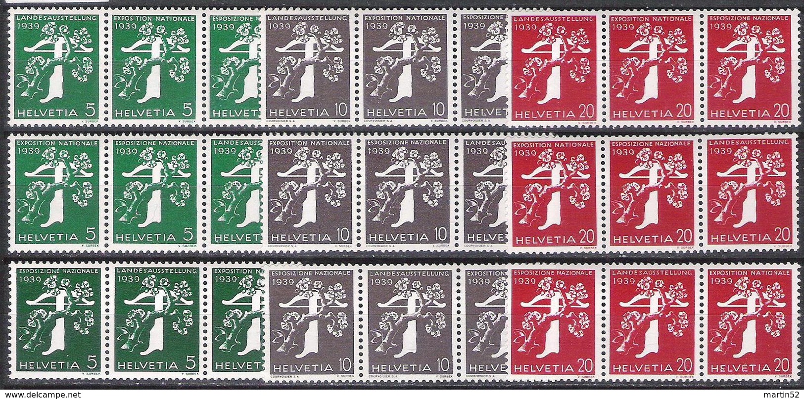 Schweiz Suisse 1939: Alle 3er-Streifen Landi-Rollenmarken Zu Z25a-Z27c Mi W8-W24 Jeu Se-tenant ** MNH  (Zu CHF 168.00) - Se-Tenant