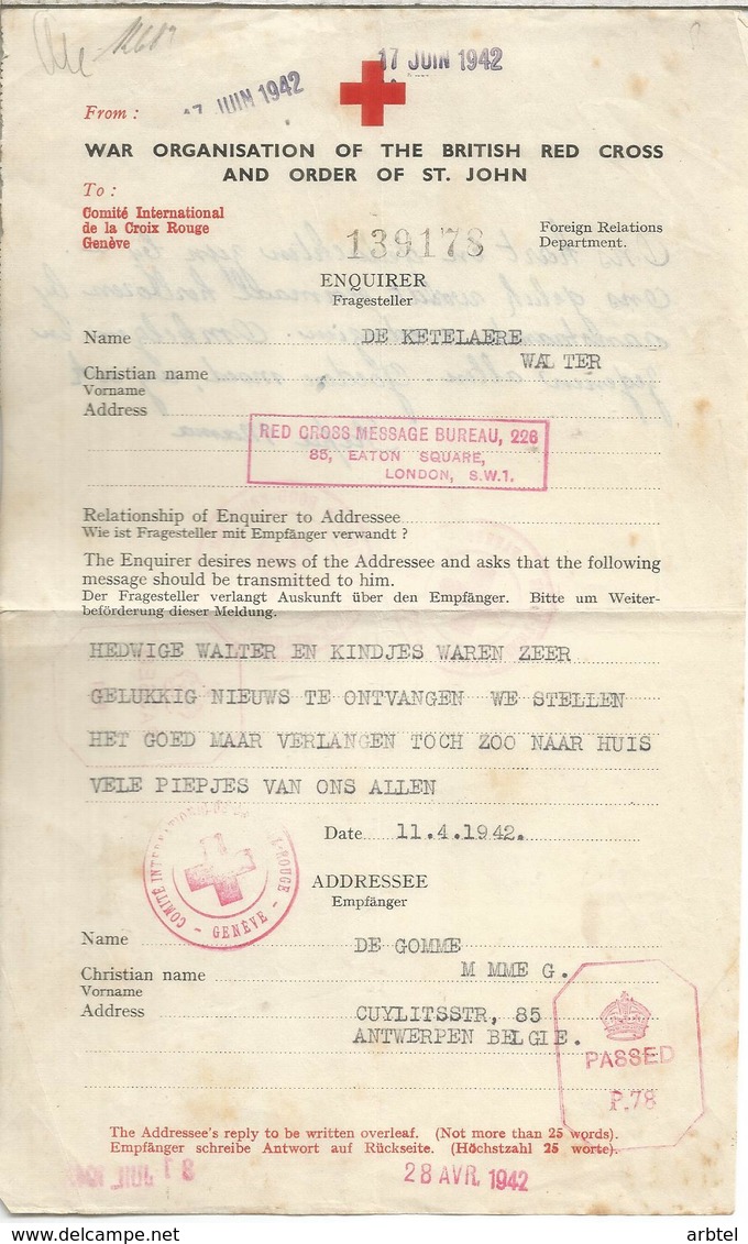 WW2 RED CROSS MESSAGE BUREAU UNITED KINGDOM 1942 ADDRESSED ANTWERPEN VIA GENEVE BRISTISH CENSOR - Other & Unclassified