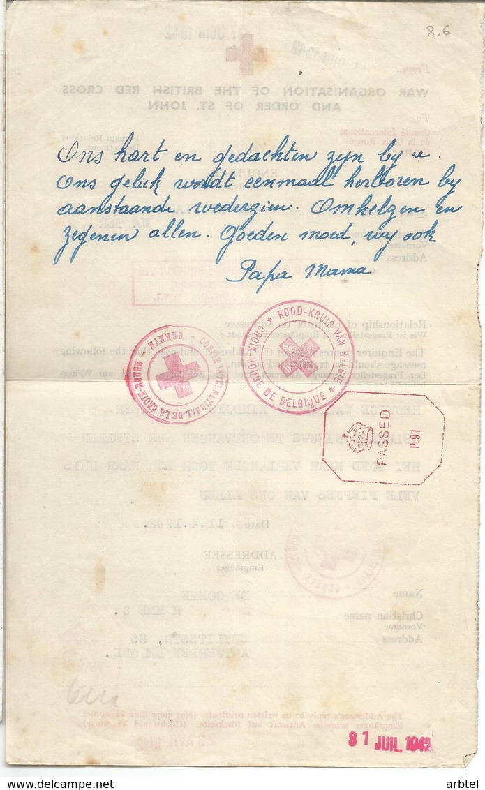 WW2 RED CROSS MESSAGE BUREAU UNITED KINGDOM 1942 ADDRESSED ANTWERPEN VIA GENEVE BRISTISH CENSOR - Other & Unclassified