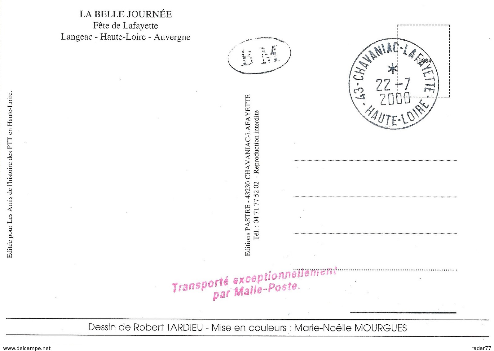 Cachet Commémoratif Marquisat De Lafayette - Langeac - 22/23 Juillet 2000 - Commemorative Postmarks