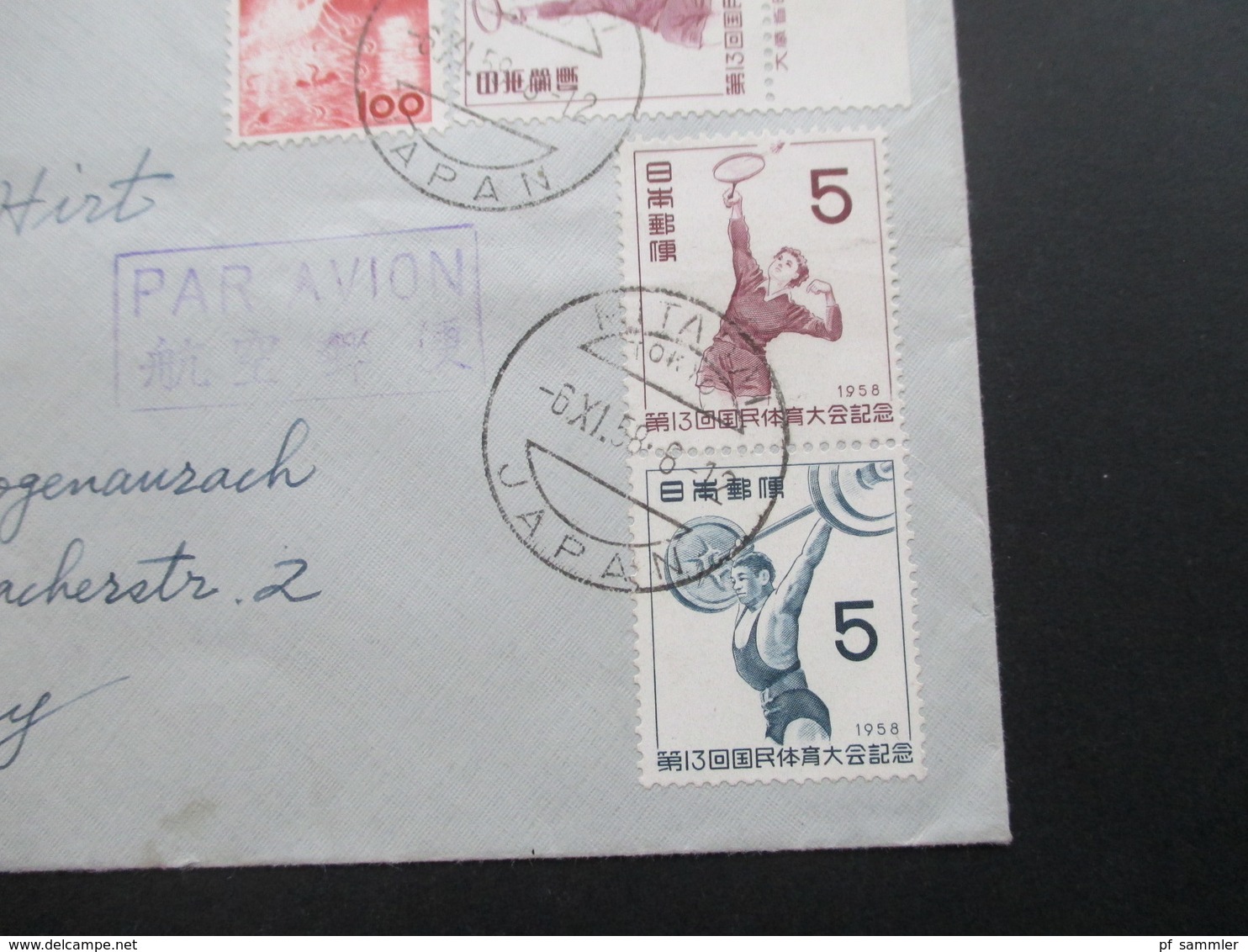 Japan 1958 Luftpost Beleg Sportmarken Badminton Und Gewichtheben. Par Avion Stempel - Briefe U. Dokumente