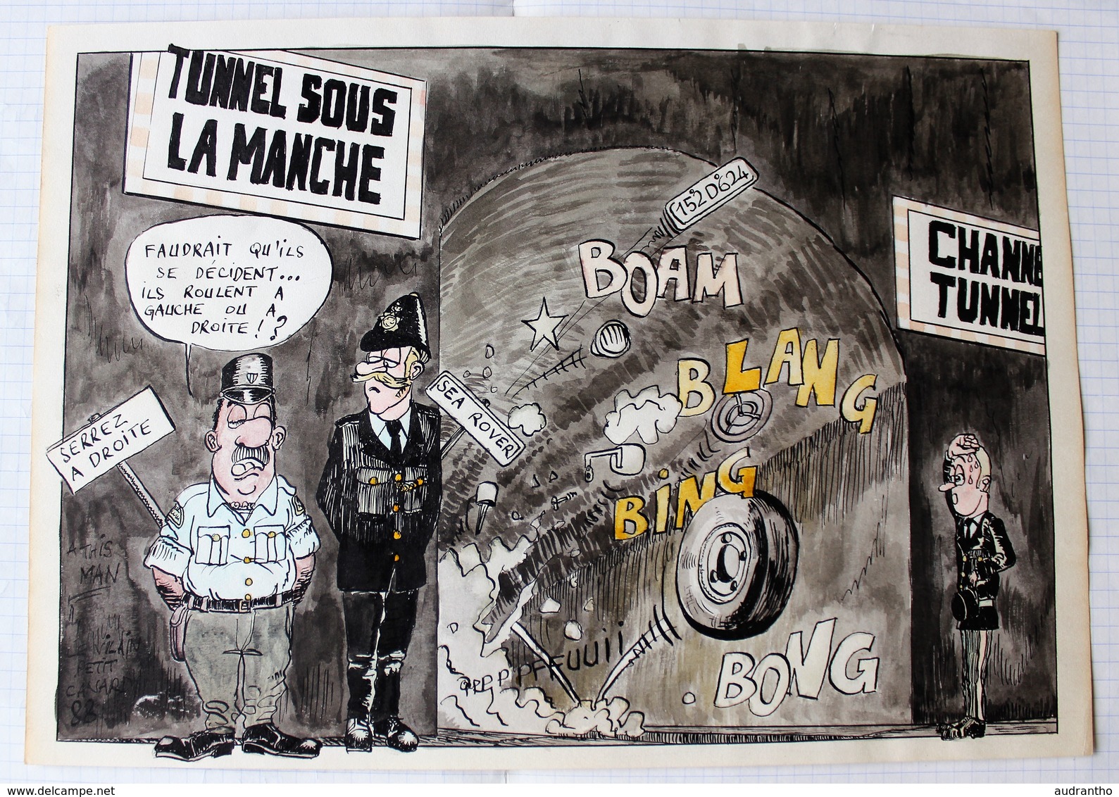 Dessin Signé 1988 Le Tunnel Sous La Manche The Channel Humour Caricature Policier - Dessins